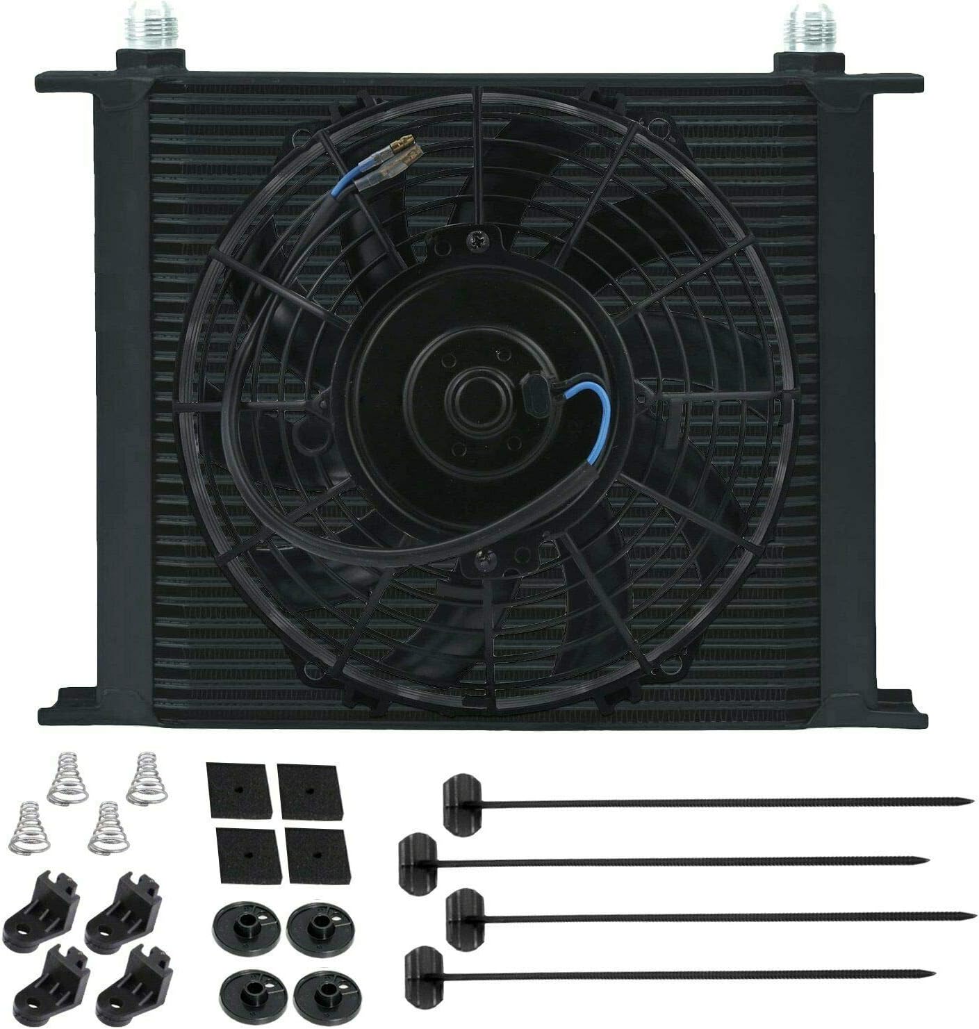 34 Row Heavy Duty Black Aluminum Engine Transmission Oil Cooler 6AN End Fittings 9" Inch Electric Cooling Fan Kit