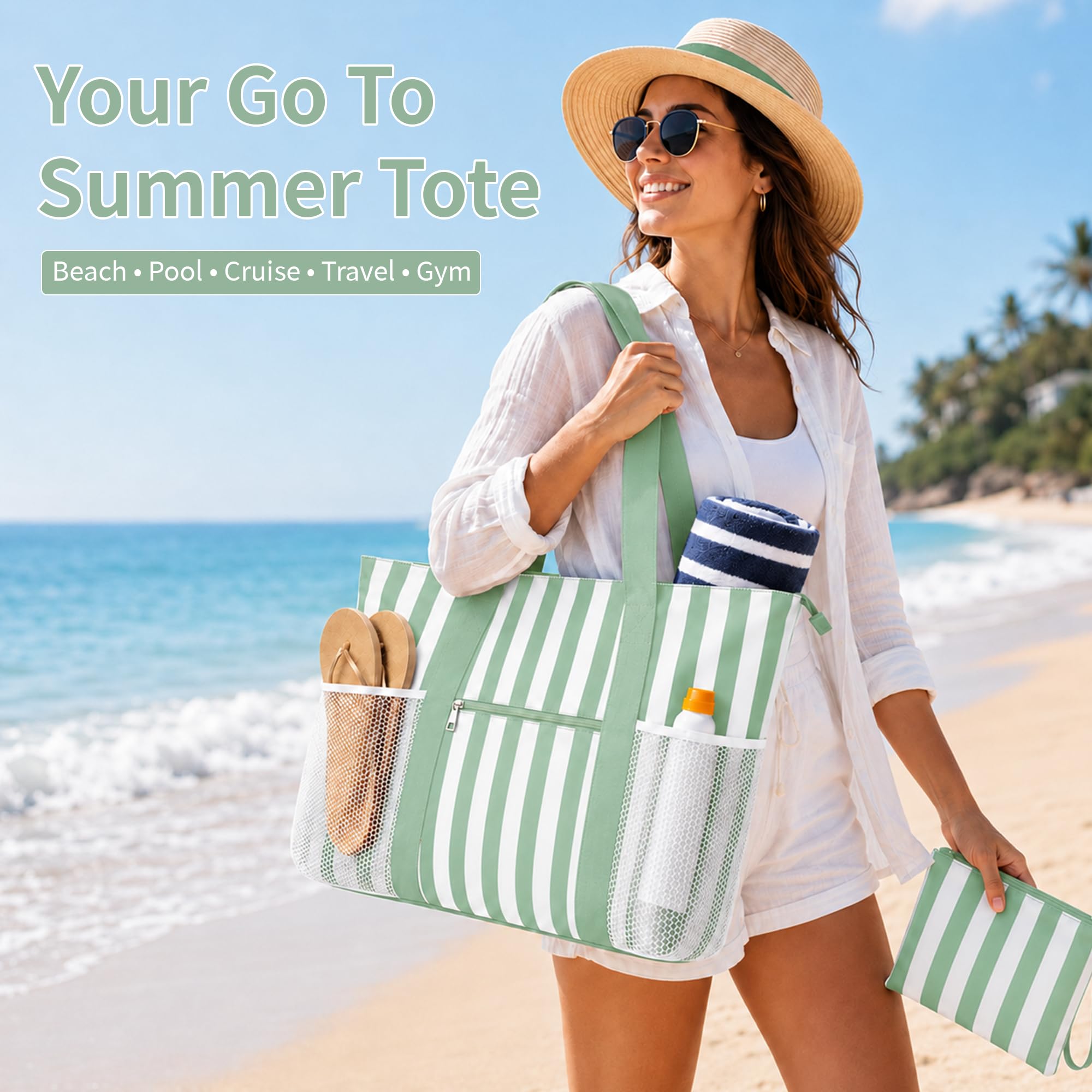 TAHAVICE Sac de plage XXL Famille Sac de bain pour femme Imperméable Sac de plage Sac fourre-tout pour plage, voyage, piscine, gym