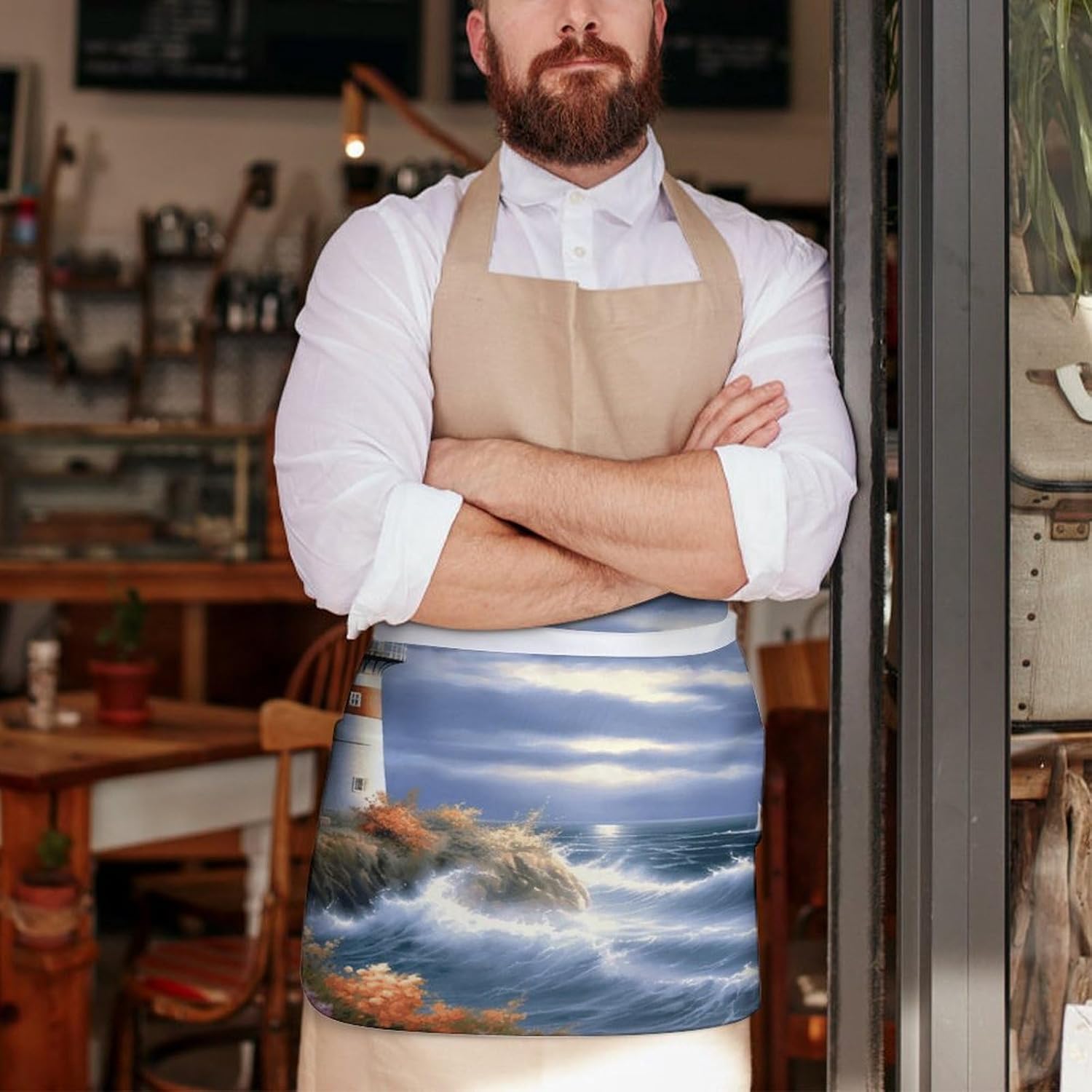 Lighthouse Diamond Painting Server Aprons for Women And Men Waterproof Half Apron with 3 Pockets Deluxe Oxford Fabric Waist Aprons Adjustable Chef Apron for Kitchen Bar Home