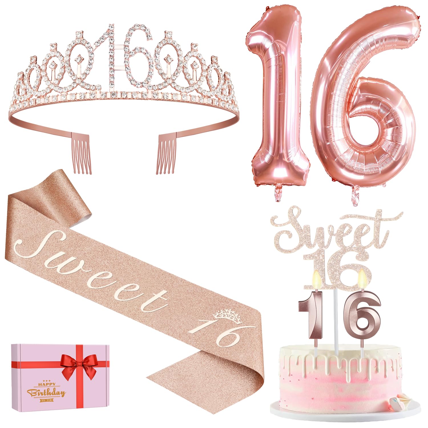 Sweet 16 Birthday Decorations, Including Sweet 16 Sash and Tiara, Cake Topper and Candles, Rose Gold Number Balloons, 16th Birthday Gifts Girl