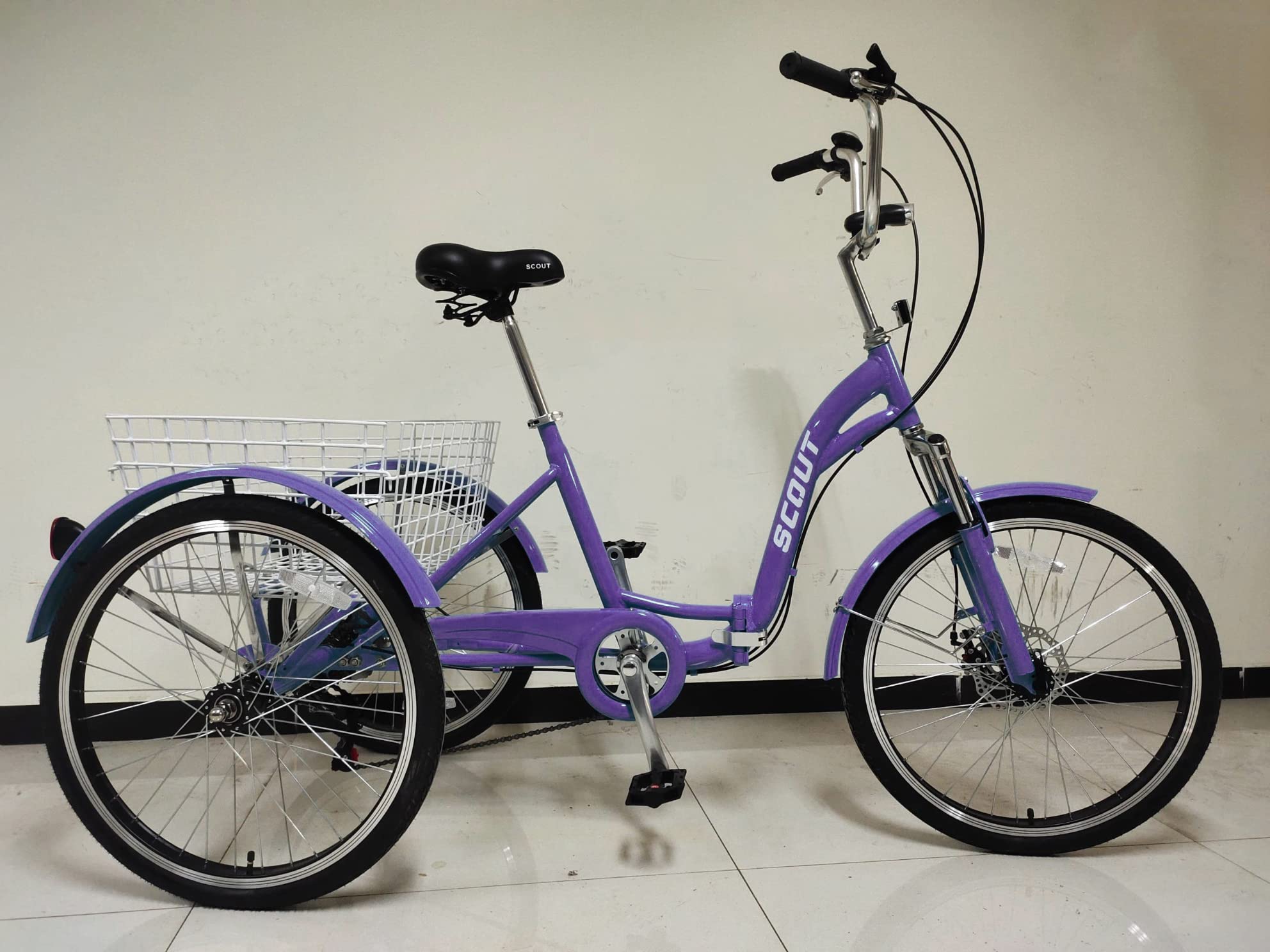 SCOUT triciclo per adulti, triciclo pieghevole, ruote da 24 pollici, ingranaggi shimano a 6 velocità, freni a disco anteriori e posteriori (viola)