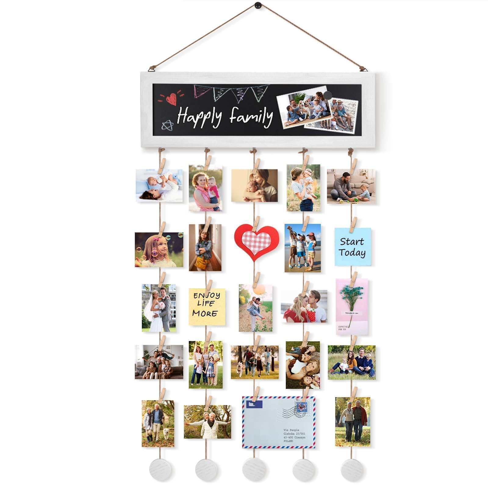 VINCOURNA Hanging Photo Display Board with Mini 30 Wooden Clips, DIY Photo Board Photo Pegs and String Picture Hanging String Multi Photo Frames for Wall Collage Photo Holder Home Decor Black & White