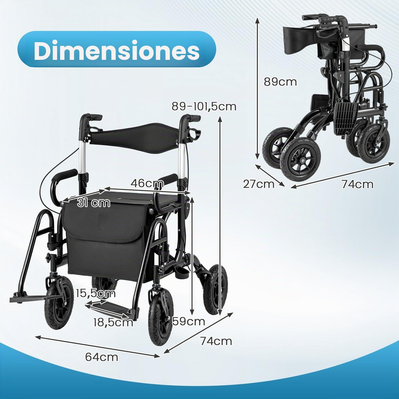 FANTASK Andador de viaje 2 en 1 para silla de ruedas y de viaje, de aluminio con diseño plegable, color negro con sistema de ajuste de altura, silla de ruedas con bolsa y soporte para bastones