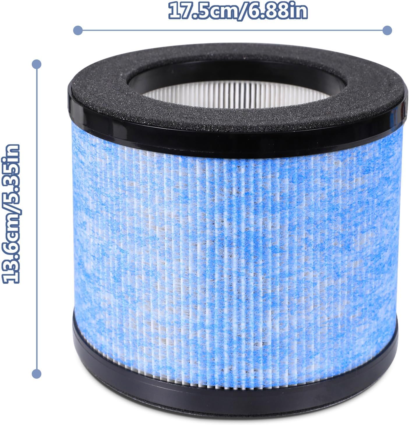 Image showing the dimensions of the Avamia H14 HEPA filter, with a diameter of 17.5cm (6.88in) and a height of 13.6cm (5.35in).