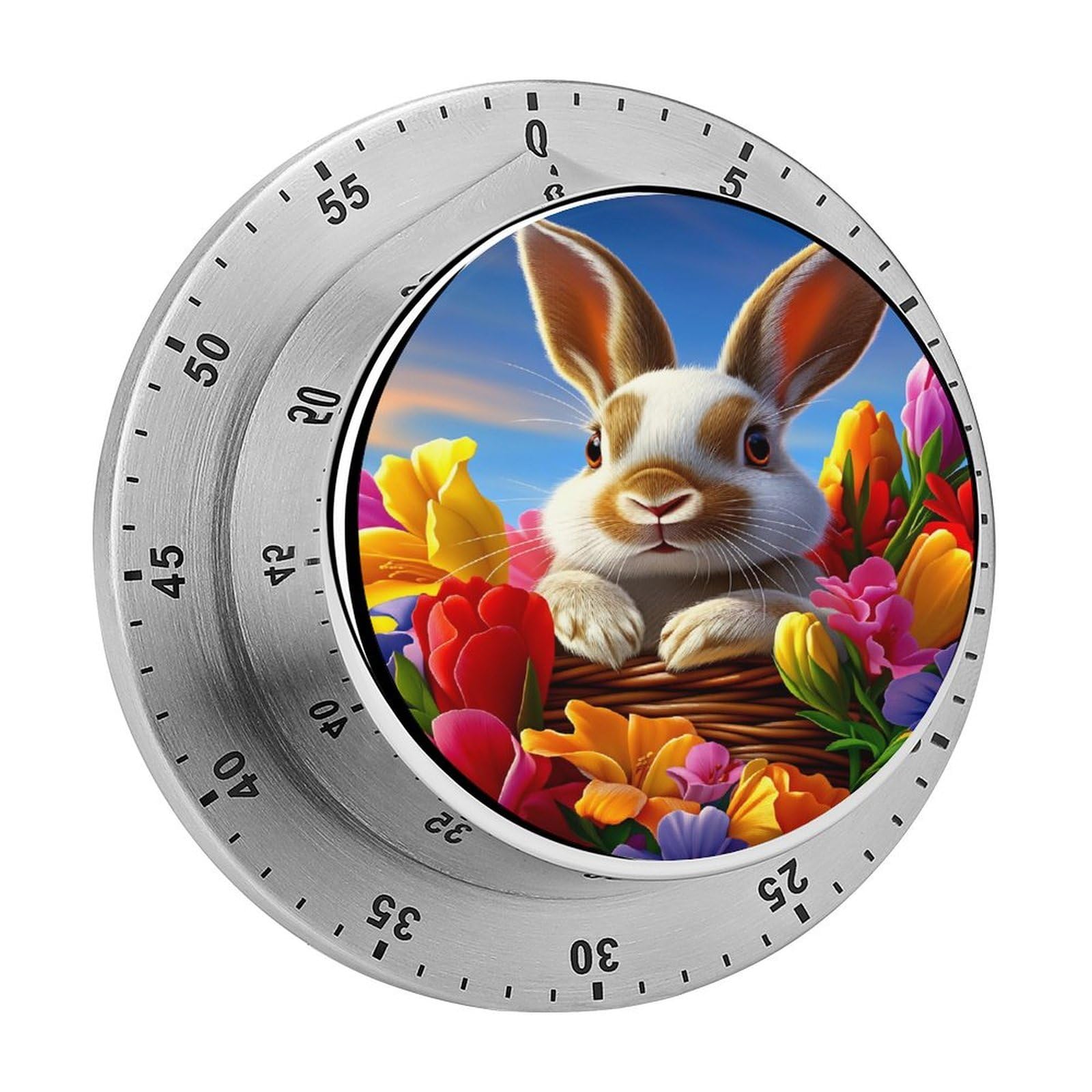 Spring Bunny Rabbit Tulip Basket 60 Minute Wind Up Timer,Visual Mechanical Magnetic Timer with Loud Alarm for Kitchen