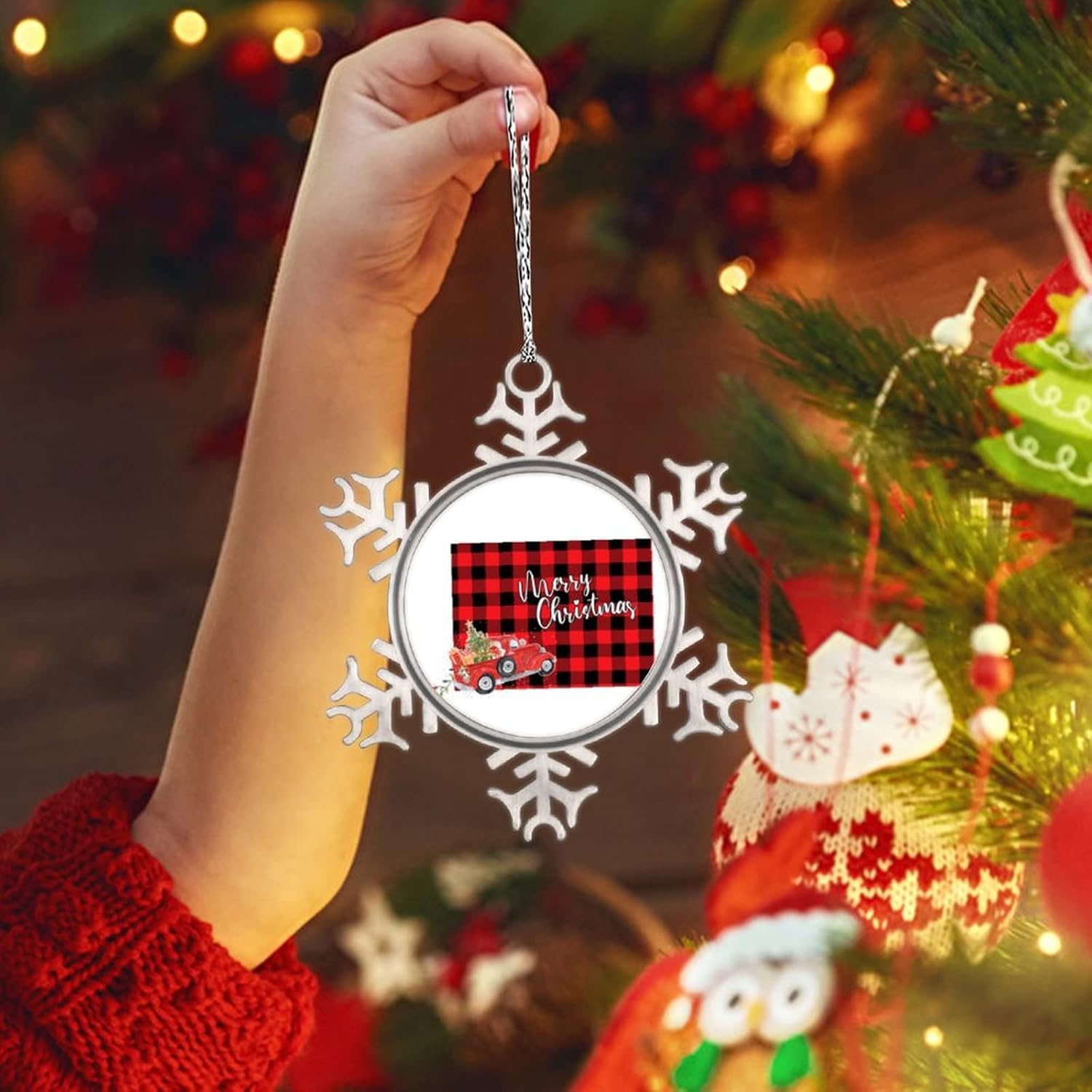 Snowflake Ornaments Colorado Home State Personalized Christmas Ornaments 2022 Black Plaid Map Red Truck Ornaments for Christmas Trees Metal Souvenir Xmas Tree Hang Pendant Exchange Gift 3 Inch