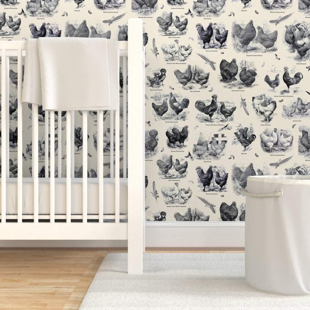 Removable Wallpaper 6ft x 2ft - Poultry Cream Black Toile Vintage Antique Victorian Historical Chicken Custom Pre-Pasted Wallpaper by Spoonflower