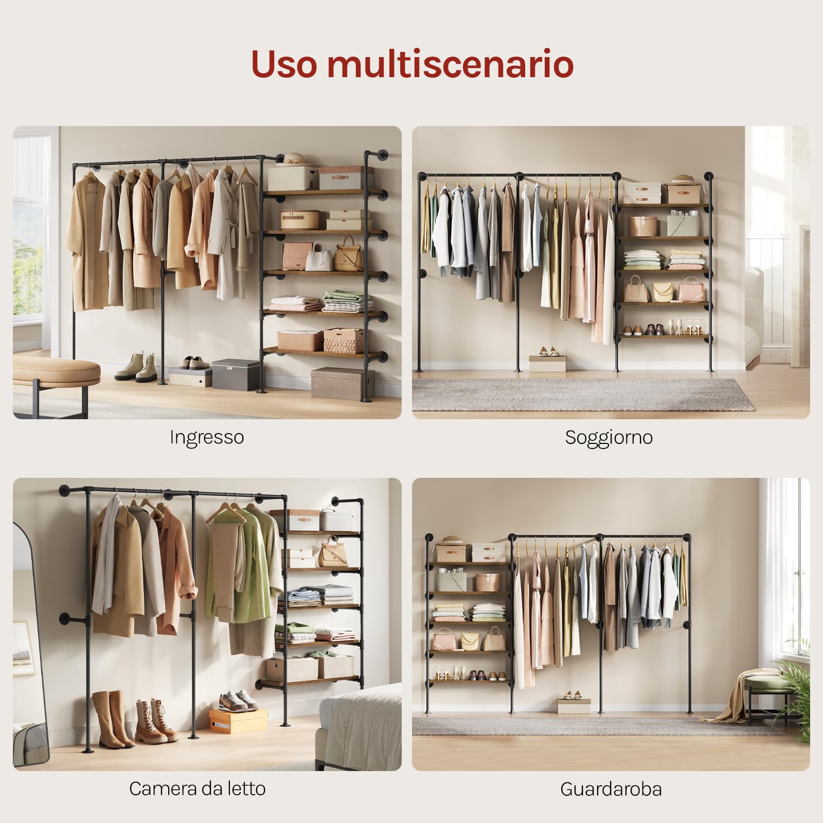 WOLTU Appendiabiti da Parete, Attaccapanni da Muro Metallico con Design Aperto, Appendiabiti con 5 Ripiani in Legno, 2 Aste, Stile Vintage, Nero + Marrone Rustico