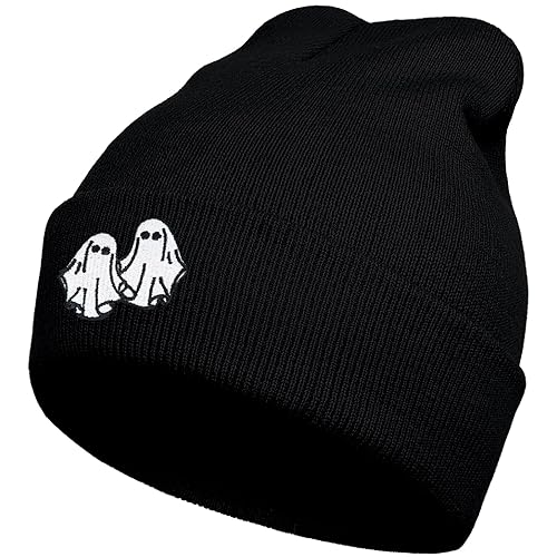 gswirmchsq Ghost Beanie Hat Black, Cute Funny Goth Embroidery Winter Knit Skull Cap for Adult Men Women - White