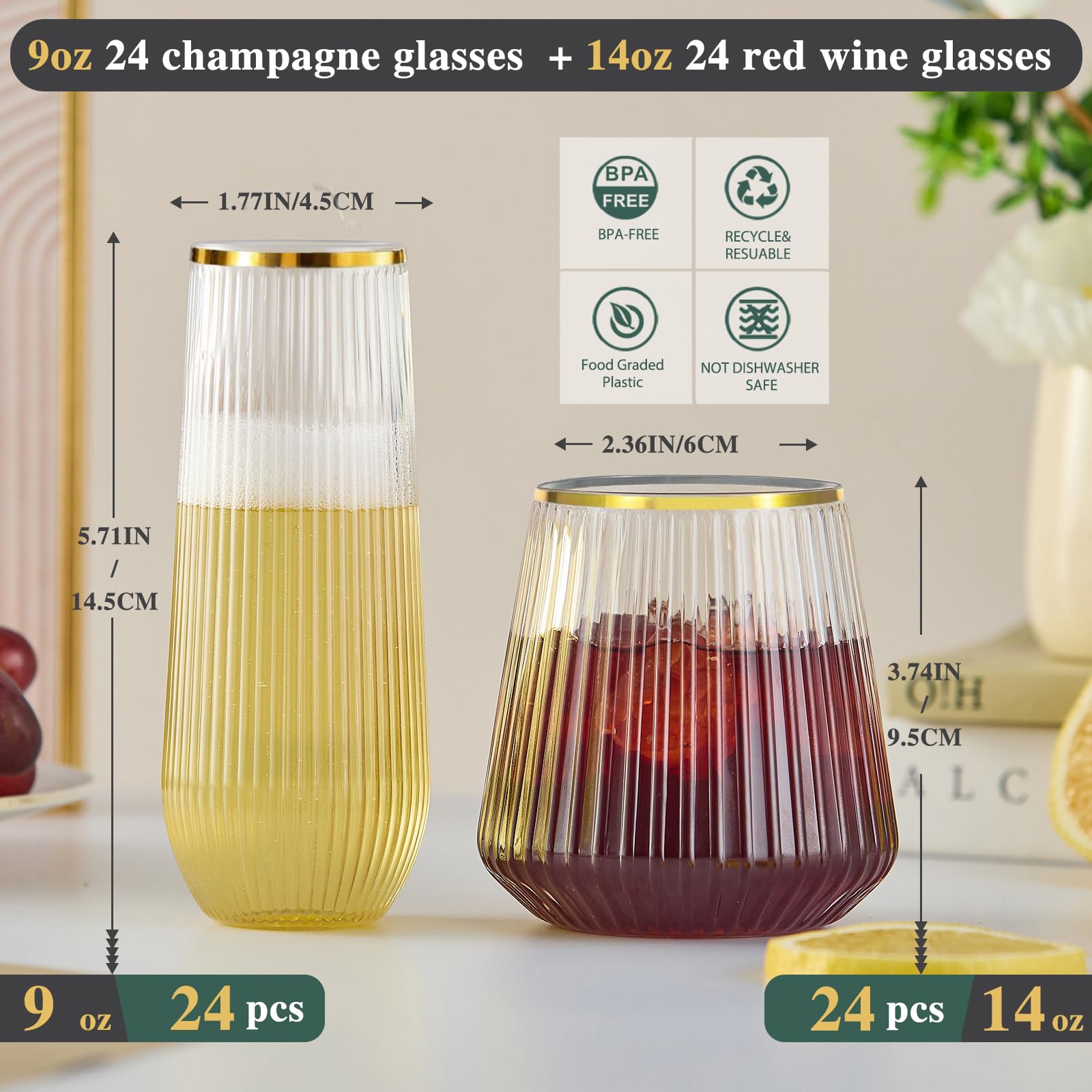 56 Pack Plastic Wine Glasses Champagne Flutes, 32 Pcs 9 OZ & 24 Pcs 14 OZ — Amazon image 2