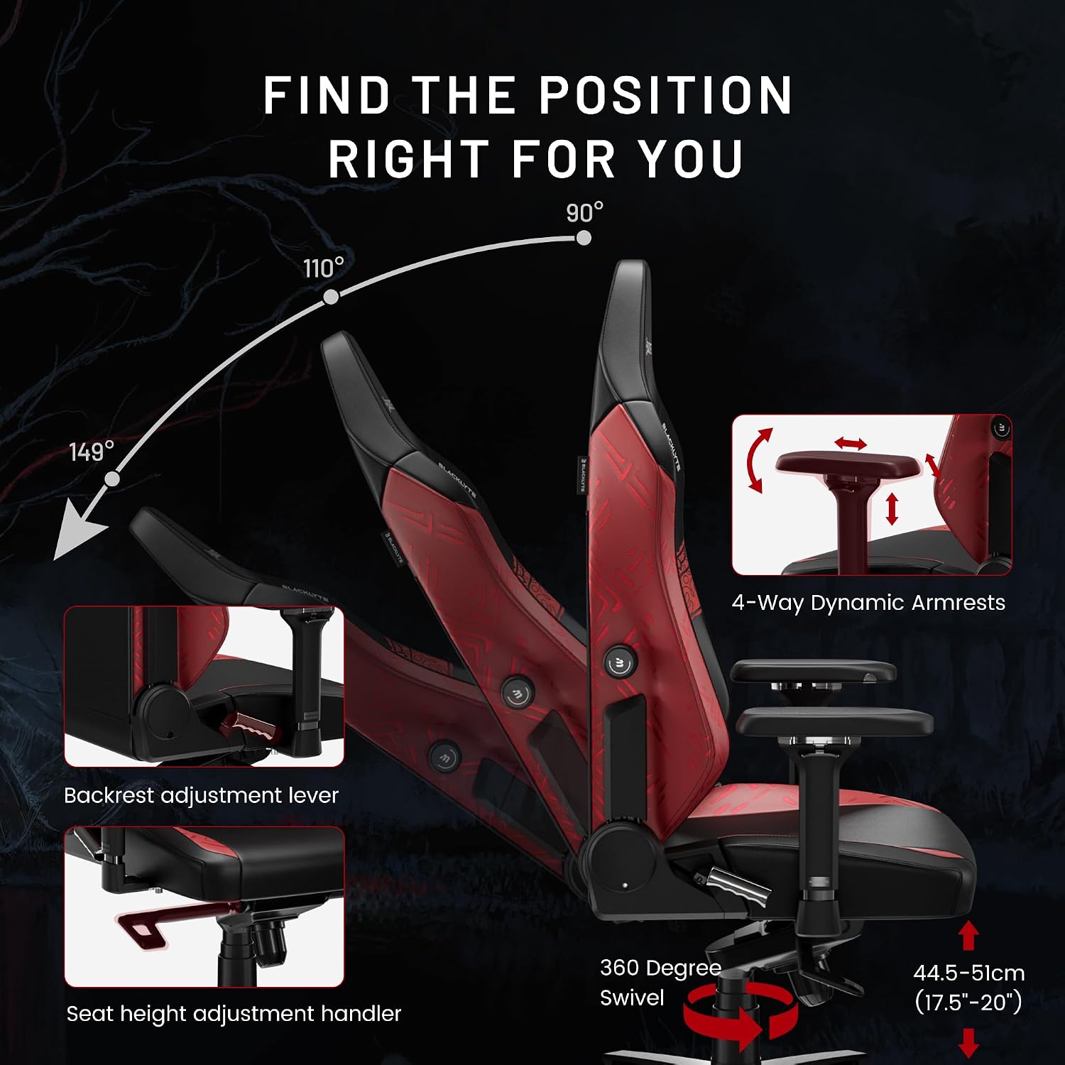 Blacklyte Athena Pro Gaming Chair with Built-in Lumbar Support, Height Adjustable Leather Computer Chair with Magnetic Head Pillow, 4D Armrests, Aluminum Base, Capacity 330lbs (Athena Pro, WUCHANG) image 4