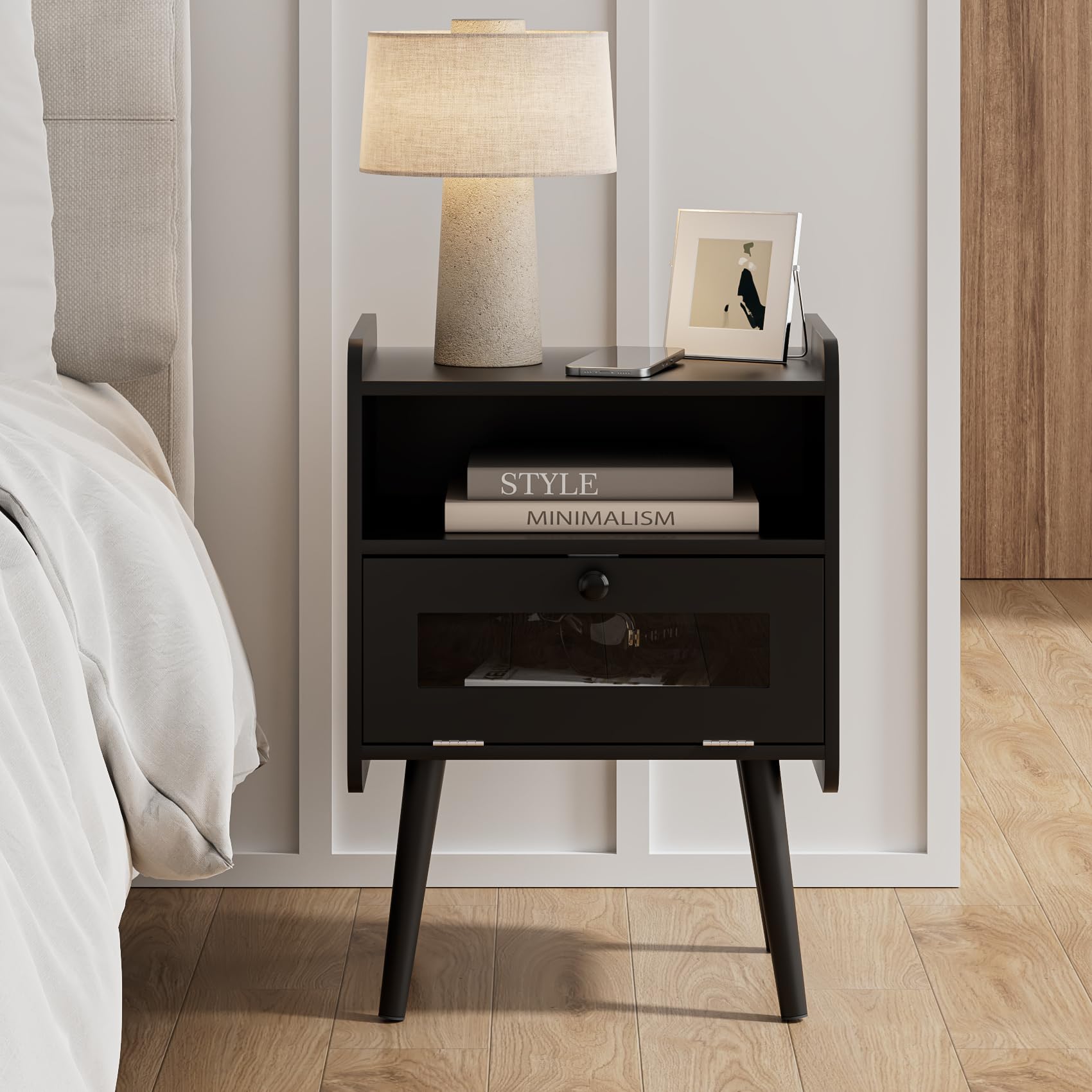 Night Stand Black Nightstand Modern Side Table Bedroom Night Stand End Table with Drawer Mid Century Beside Table with Glass Decorative Door for Bedroom,Living Room,Black Without Outlet