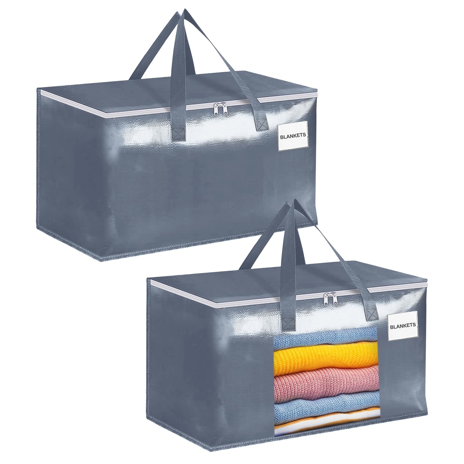 Minicoco 2 Packs, 90L Large Clothes Storage Bags, Closet Organizers and Storage with Reinforced Handle, Zips and Tag Pocket Moving House, Storaging Clothes, Bedding Travelling, Camping (Grey）