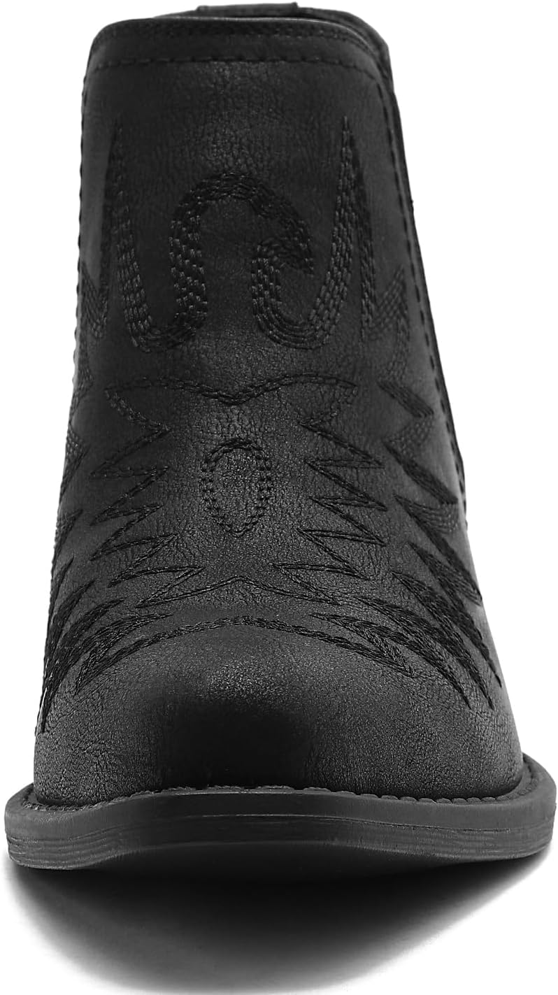 GLOBALWIN Women's Western Ankle Booties Snipped Square Toe Embroidered Cowboy Chelsea Boots, Low Stacked Block Heel, Comfortable Pull-On Short Cowgirl Boots
