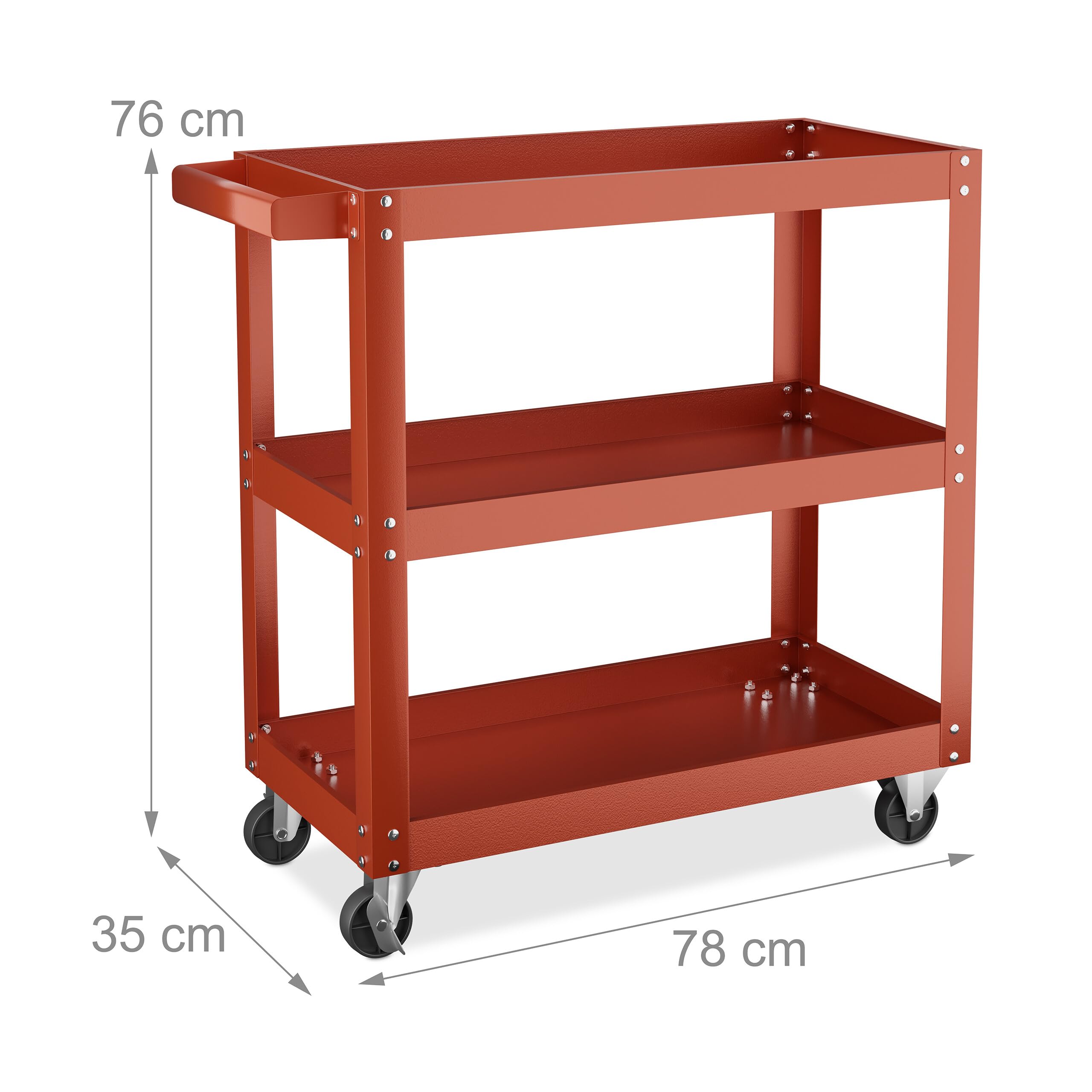Relaxdays Carrello Portautensili Officina, Carrellino a 3 Ripiani Porta Attrezzi Lavoro, 76x78x35 cm, Max. 100 kg, Rosso