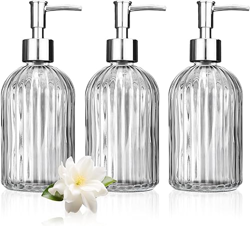 Paquete de 3 dispensadores de jabón de vidrio con bomba a prueba de óxido, dispensador de jabón líquido recargable de 14 onzas para baño y cocina