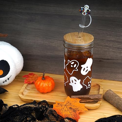 Miniatura 6 de ANOTION Tazas de Halloween, decoración de fantasmas, taza de 24 onzas, tarro de vidrio con tapas y pajitas, tazas de café, tarro de galletas,