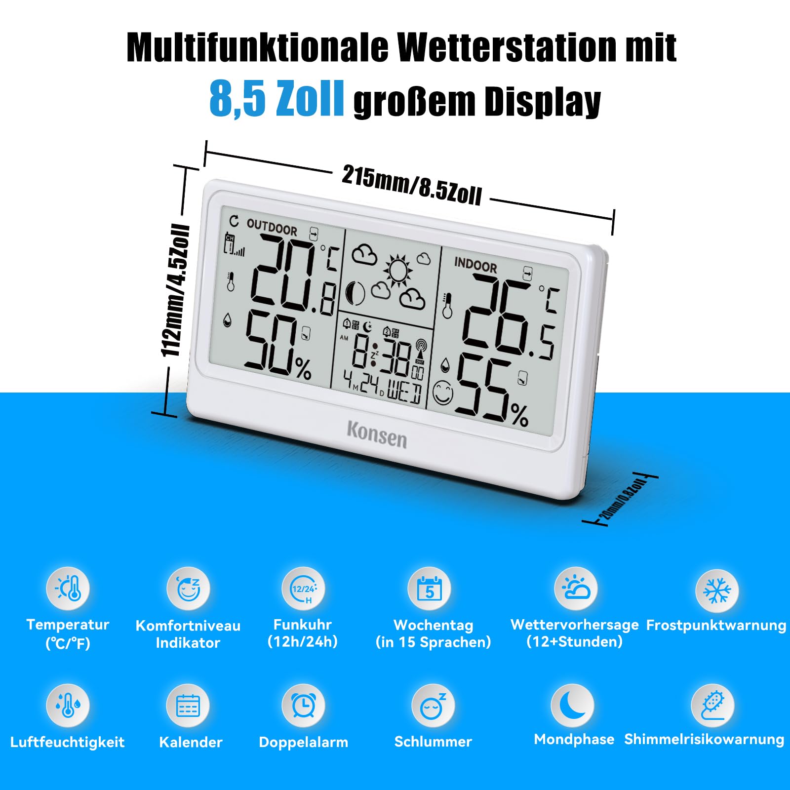 Konsen Funk-Wetterstation mit Außensensor – DCF Funkuhr, Digitales Thermo-Hygrometer (Batteriebetrieb) für Innen/Außen mit Wetterprognose, in Weiß
