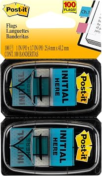 Post it Printed Flags,#34;Initial Here", 1" x 1 7/10", Bright Blue, 50 Flags Per Pad, Pack Of 2 Pads