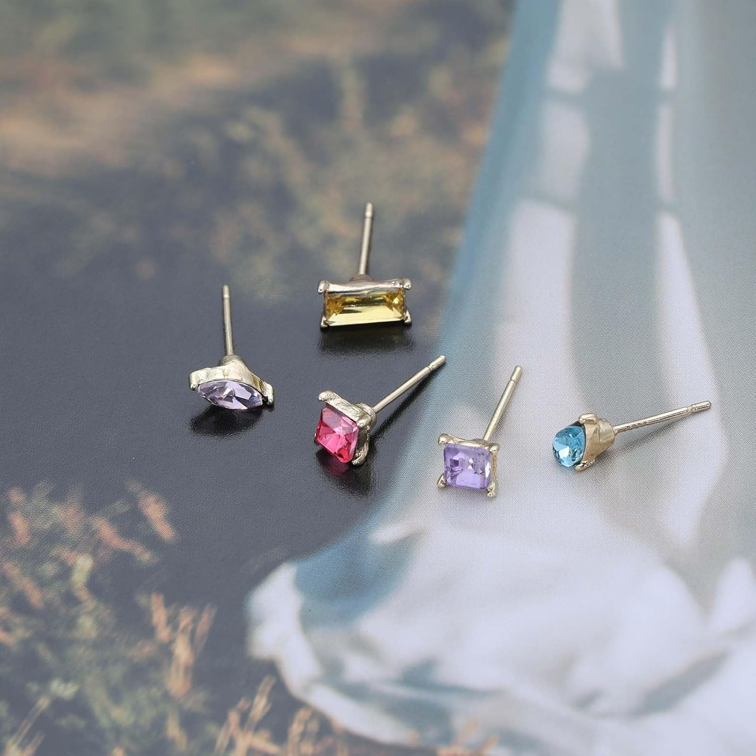 5 Pcs Crystal Stud Earrings Set Small Geometric Birthstone Earrings Teardrop Square Rectangle Solitaire Studs Cubic Zirconia Cartilage Helix Earrings Trendy Jewelry for Women - Image 4