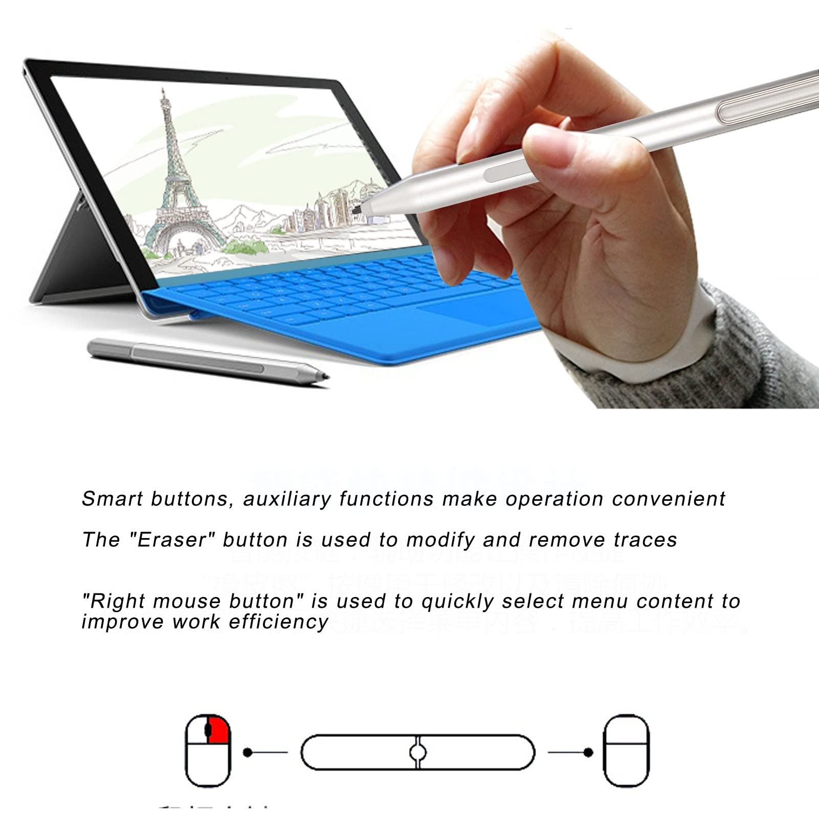 Bewinner Penna stilo per, funzione sensore di pressione capacitivo per tablet per 3 Pro3 Pro4 Pro5 Pro6 per Go for Book per laptop per Studio (Argento)