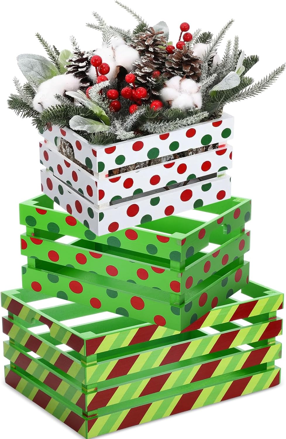 Novabright 3 Pcs Christmas Wood Crates 13'' 11'' 9'' Decorative Rustic Nesting Crate with Handle Farmhouse Wood Storage Basket Gift Boxes for Winter Display Candy Craft Pet Holiday Decor(Clean Style)