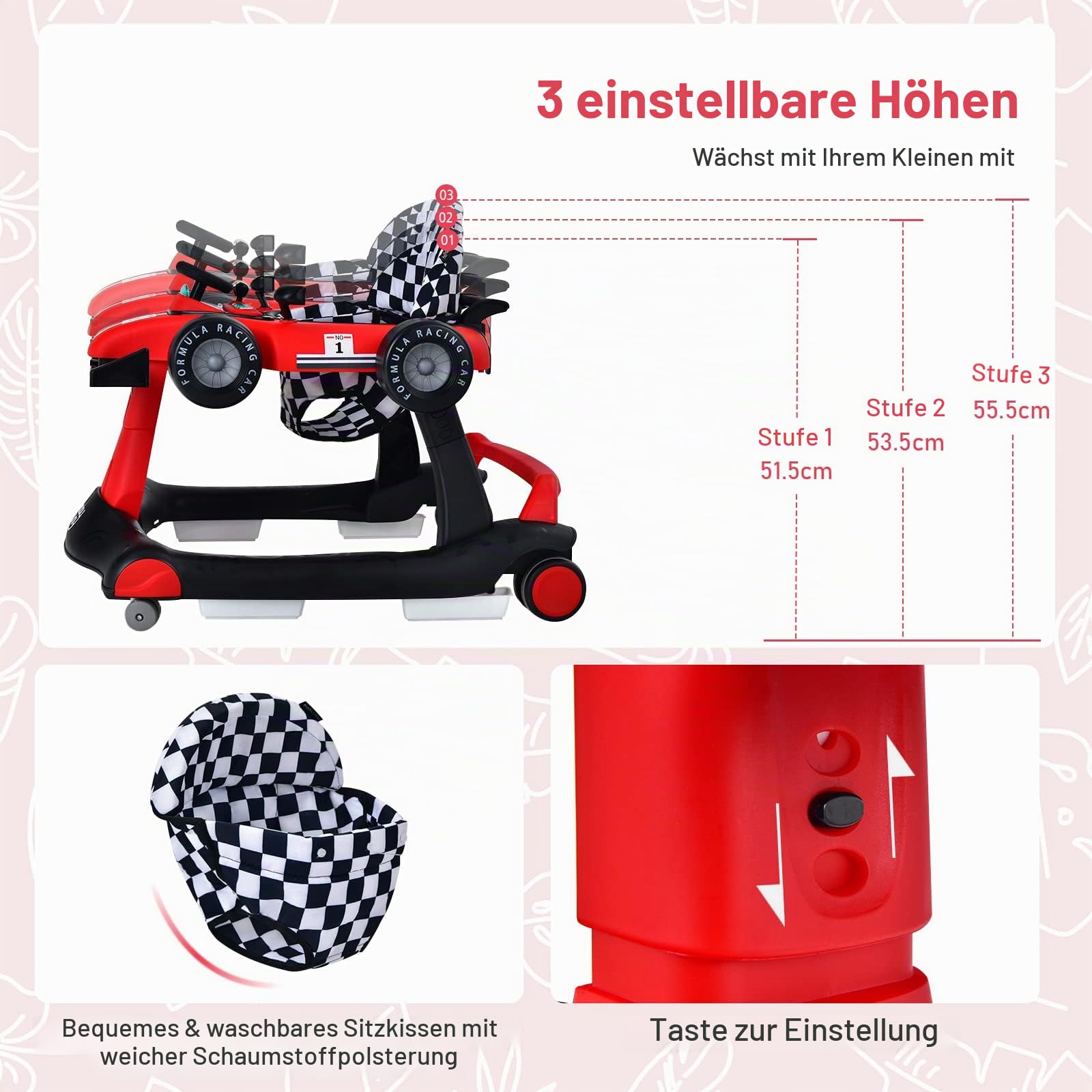 LIFEZEAL 4 in 1 Lauflernhilfe Baby, Höhenverstellbares & Klappbares Babywalker, Baby Gehfrei ab 6 Monate, Laufwagen mit einstellbarer Geschwindigkeit, Licht & Musik (rot)