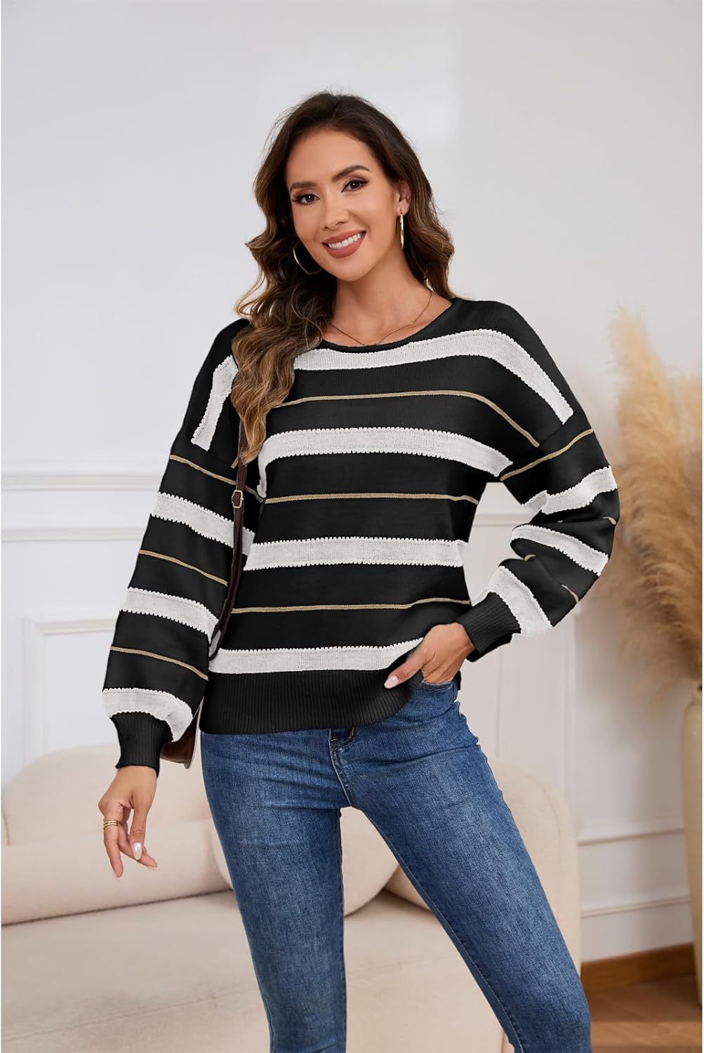 ANCAPELION Women's Color Block Sweaters Long Sleeve Crewneck Pullover Cozy Knitted Striped Jumper Tops - Image 2