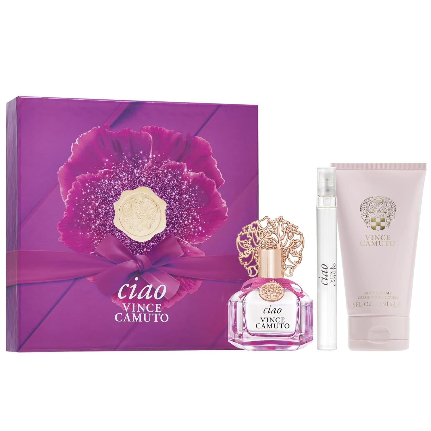Vince Camuto Ciao 3 PC Gift Set for Women, Fruity Floral Scent, Stocking Stuffer, Christmas Gift for Her, Eau de Parfum 3.4 Fl Oz + 0.34 Fl Oz Travel Spray + 5 Fl Oz Body Cream