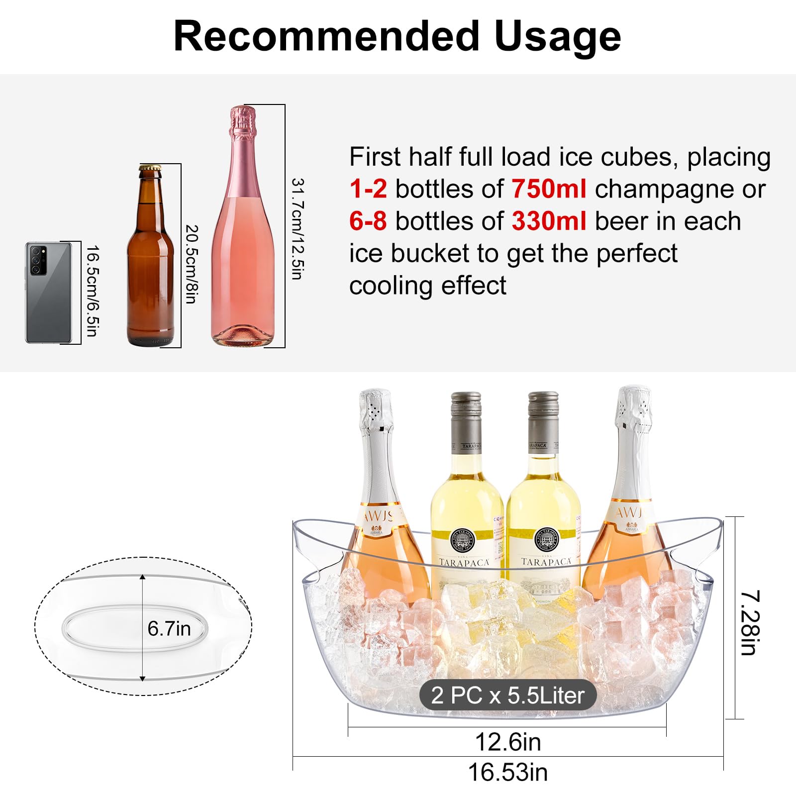 Cubitera de hielo de 2 piezas, cubos de hielo para fiestas, suministros de bar Mimosa, tina de bebidas y cucharas para cerveza de champán (5.5 L)