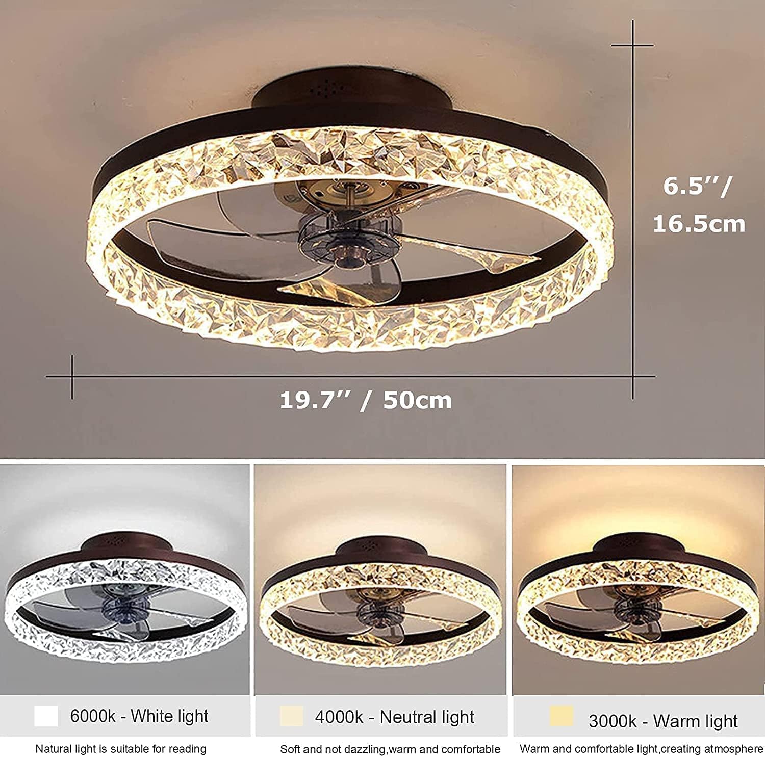 19.7" Ceiling Fan with Lights Remote Control, Modern Enclosed Bladeless , Dimmable LED 3 Color 6 Speeds Timing Reversible Blades, Indoor Flush Mount Low Profile Ceiling Fan