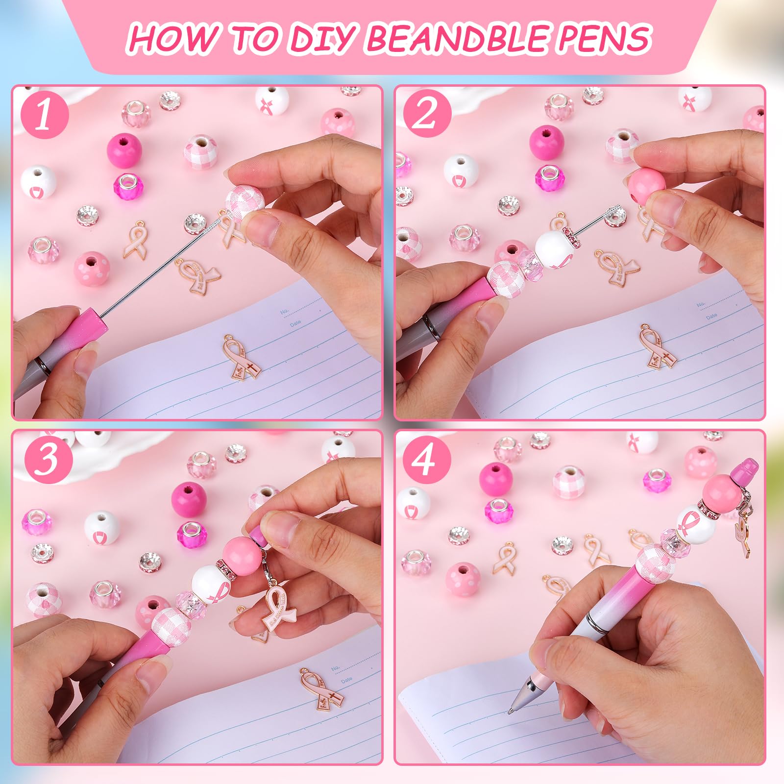 WEWAYSMILE DIY Black Ink Pens Beaded, Breast Cancer Pink Beadable Pens Sets - Image 4