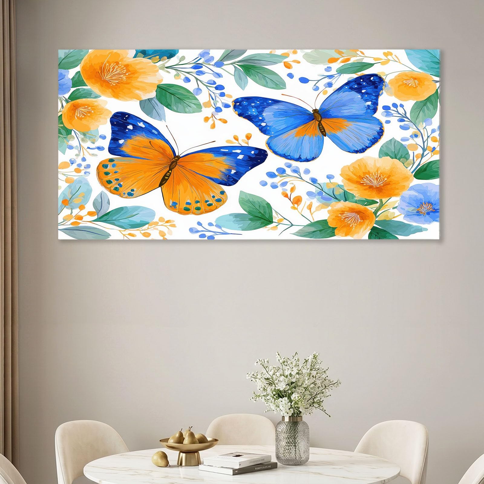 Obraz ścienny w stylu duszpasterskim, obraz na płótnie - ściana na płótnie 120 x 60 cm, nadruk na płótnie z kwiatami, rośliną, motylem, oprawiona sztuka ścienna do salonu i sypialni, dekoracja ścienna