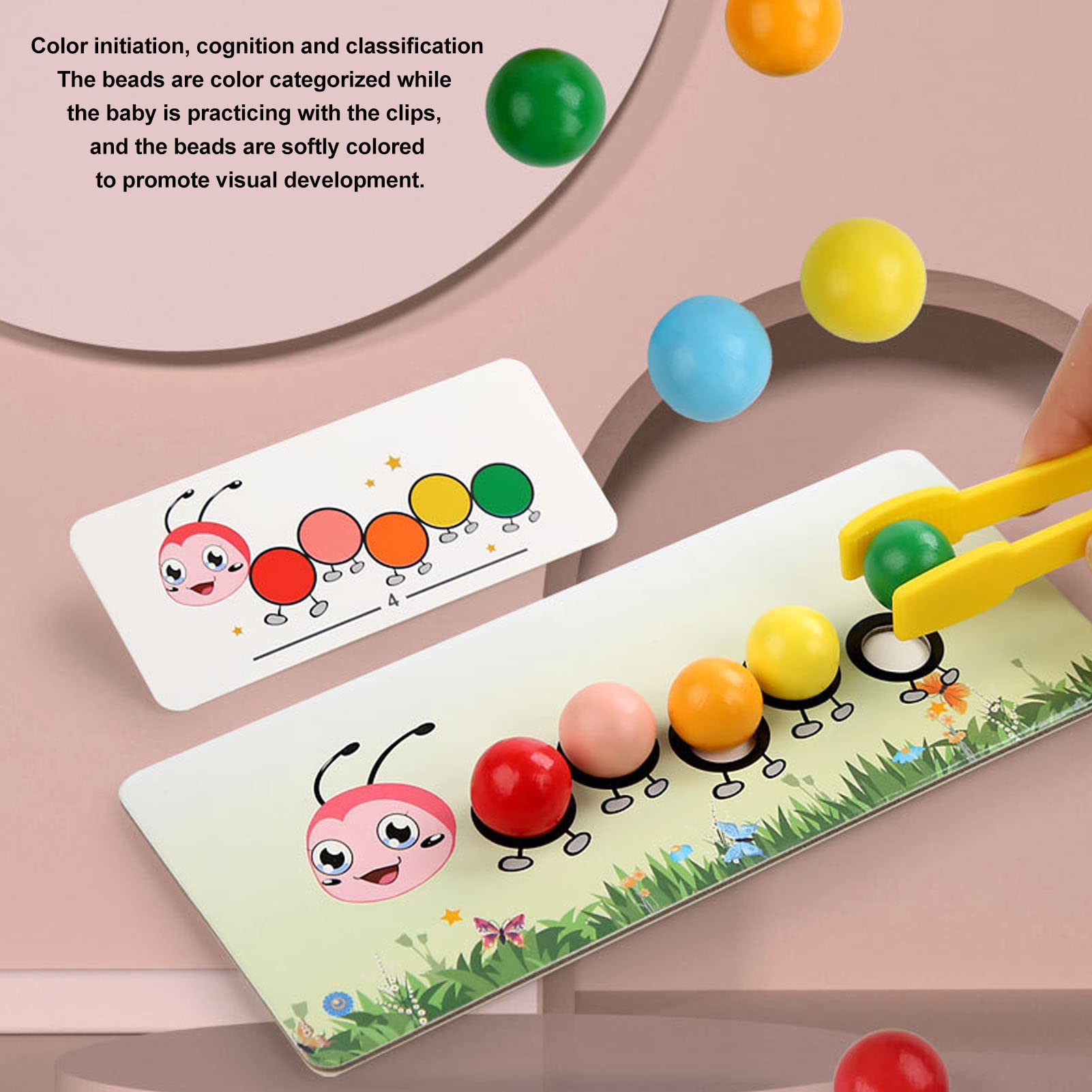 Jouet de Perles à Clip de Chenille en Bois, Exercice de Coordination œil-Main, tri des Couleurs avec Cartes de Pratique et boîte de Rangement pour Enfants
