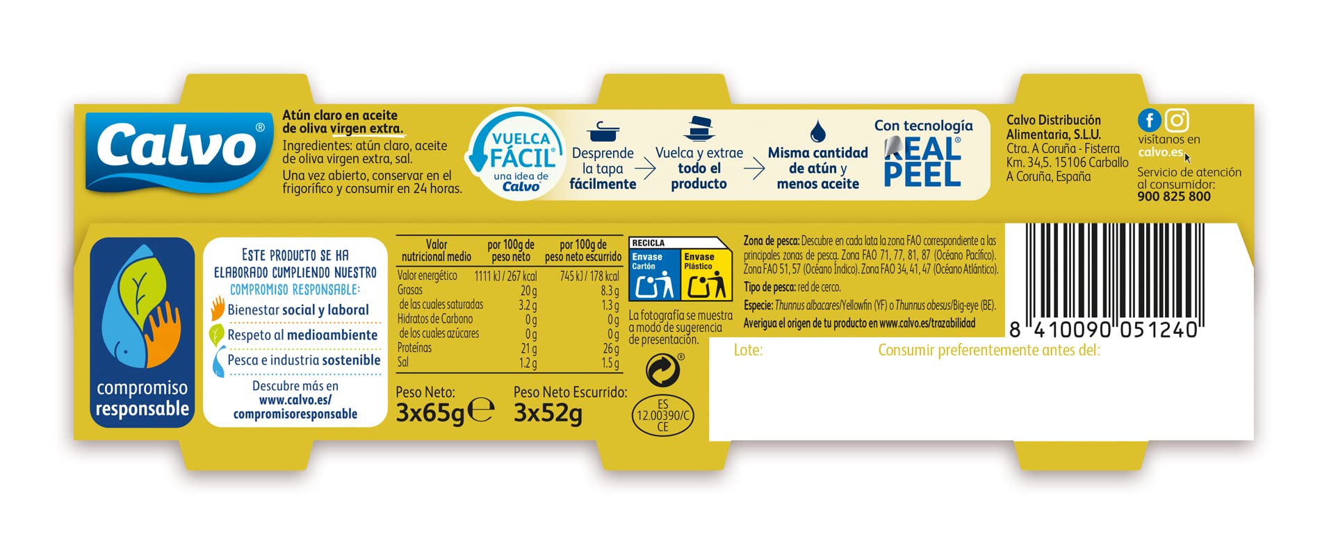 Calvo Atún Claro en Aceite de Oliva Virgen Extra Pack3 x 65g - 2