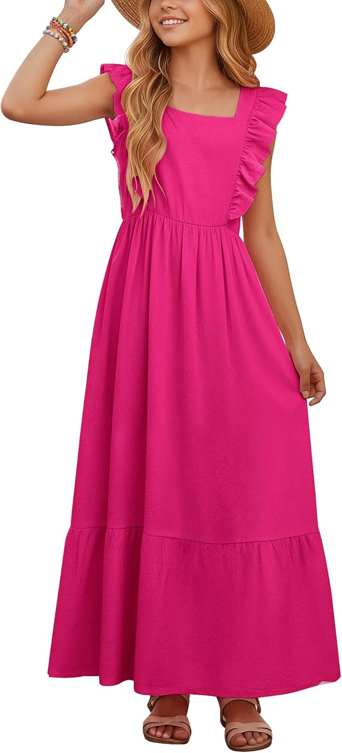 Happy Cherry Girls Summer Maxi Dresses Ruffle Sleeve Square Neck Backless Bow Tie Flowy A Line Sundress