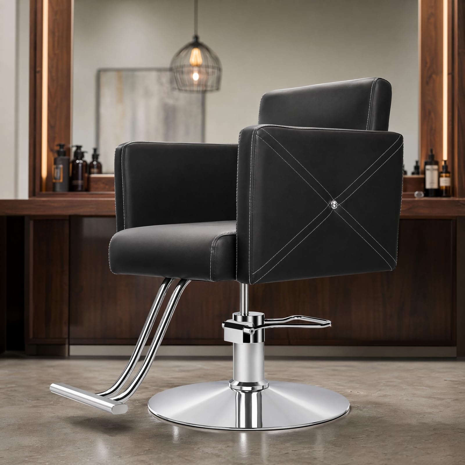 Friseurstuhl Hydraulisch 150 Kg Belastbarkeit, Barberstuhl Höhenverstellbar 360° Drehbar, Salonstuhl Mit Ergonomischer Rückenlehne Kunstleder Gepolstert Für Friseur Tattoo Pediküre Schwarz