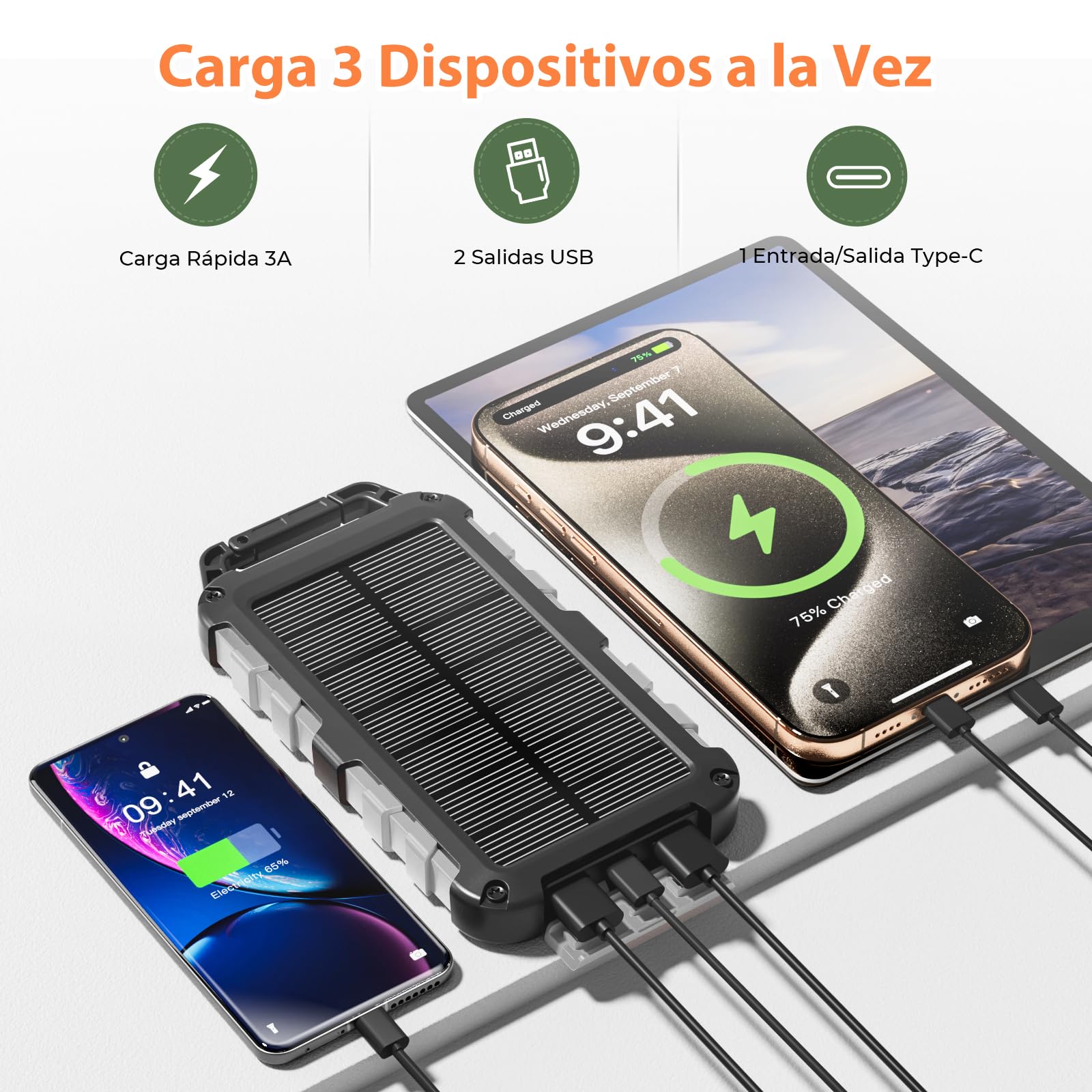 Cargador Solar 10000mAh, Power Bank Solar Batería Externa Portátil PD22.5W USB C Carga Rápida Impermeable 3 Salidas y 2 Entradas con Linterna LED para Moviles Tabletas Etc.