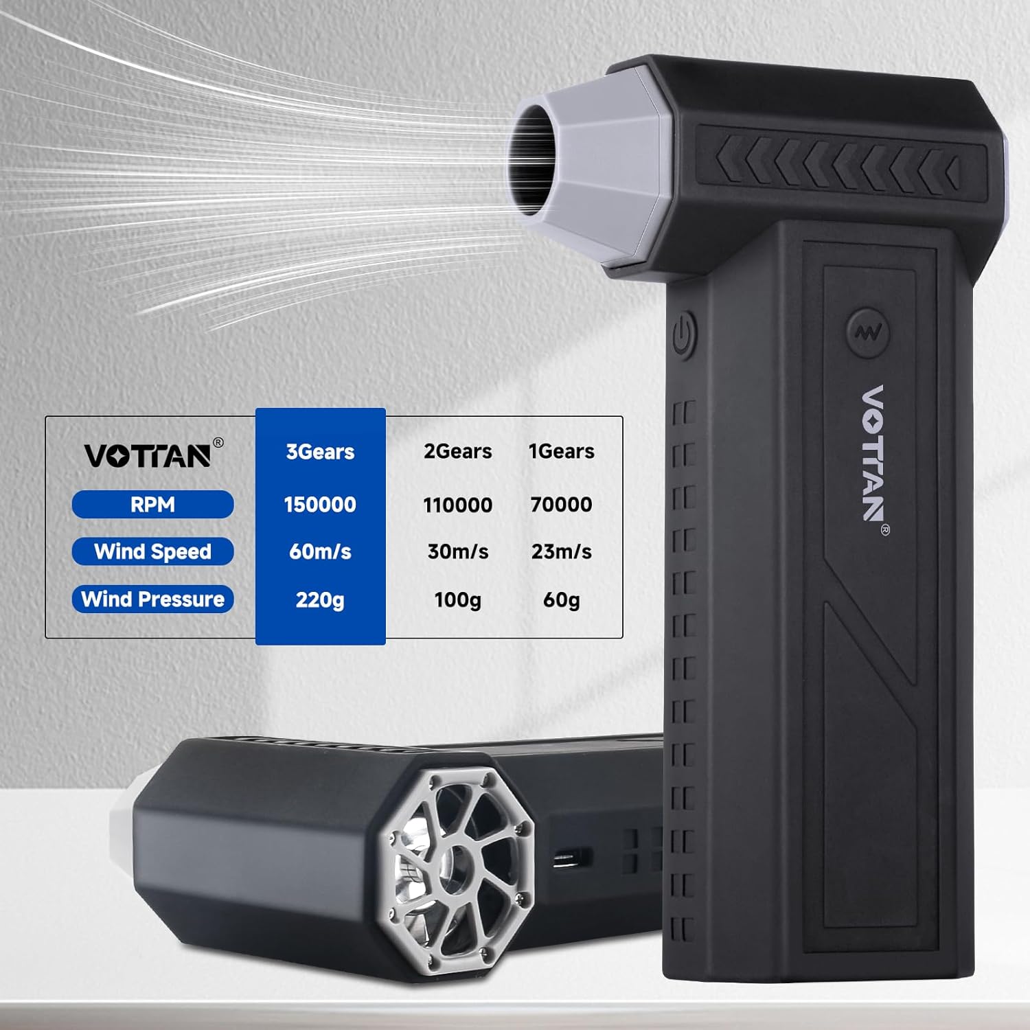 VOTTAN Electric Air Duster, 150000RPM Super Power Rechargeable Mini Air Blower, Brushless Motor 3-Gear Adjustable Compressed Air Duster for PC Keyboard, Yard Outdoor - Image 3
