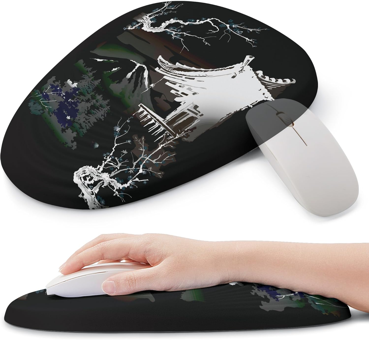 Ergonomic Mouse Pad with Wrist Support, Comfortable Entire Memory Foam, Wrist Pain Relief and Anti-Slip PU Base, Mousepad for Various Computers, Laptop PC (12x8x1.2inch, Japanese Pavilion) 05 Pavilion Dark