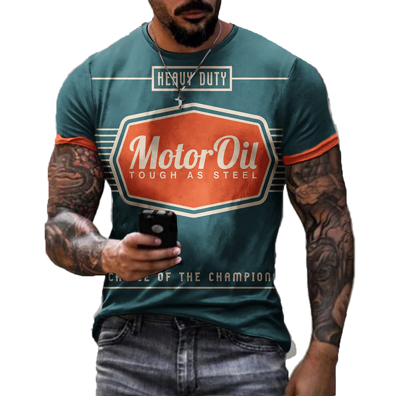 Keepmore Men's #5 Oldschool T Shirt For -Retro American Motorcycle Motor Oil Print Short Sleeve T-Shirts