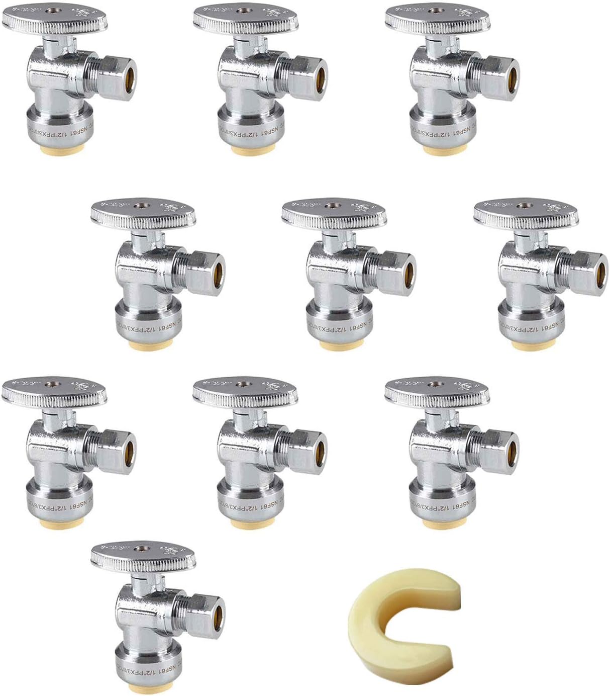 (Pack of 10) EFIELD Push Fit 1/4 Turn Angle Stop Valve Water Shut Off 1/2 Push x 3/8 Inch Compression Chrome with a Disconnect Clip,(PF-VALVE028-10PCS)