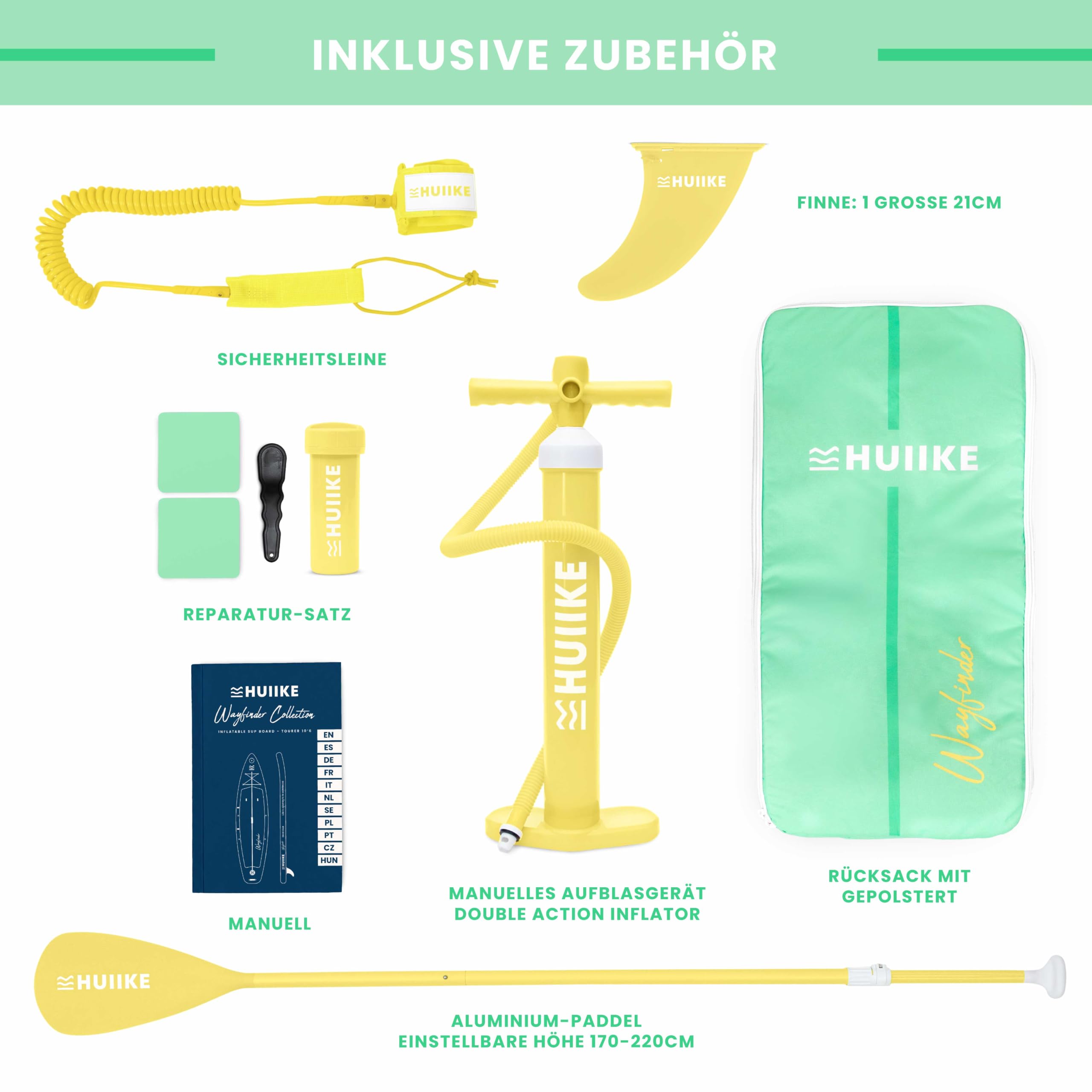 HUIIKE Touring Stand Up Paddling Board mit Zubehör, Paddel, Finne, Sicherheitsleine, Pumpe und Rucksack. Paddle Sup Board Aufblasbar Hohe Stabilität und Widerstandsfähigkeit. Zum Kajak Umbaubar