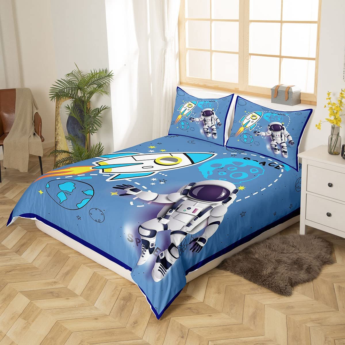 Set di biancheria da letto con motivo astronauta, motivo razzo spaziale, per bambini, ragazzi, ragazze, ragazzi, galassia cosmonauta, spaziatore, copripiumino traspirante blu