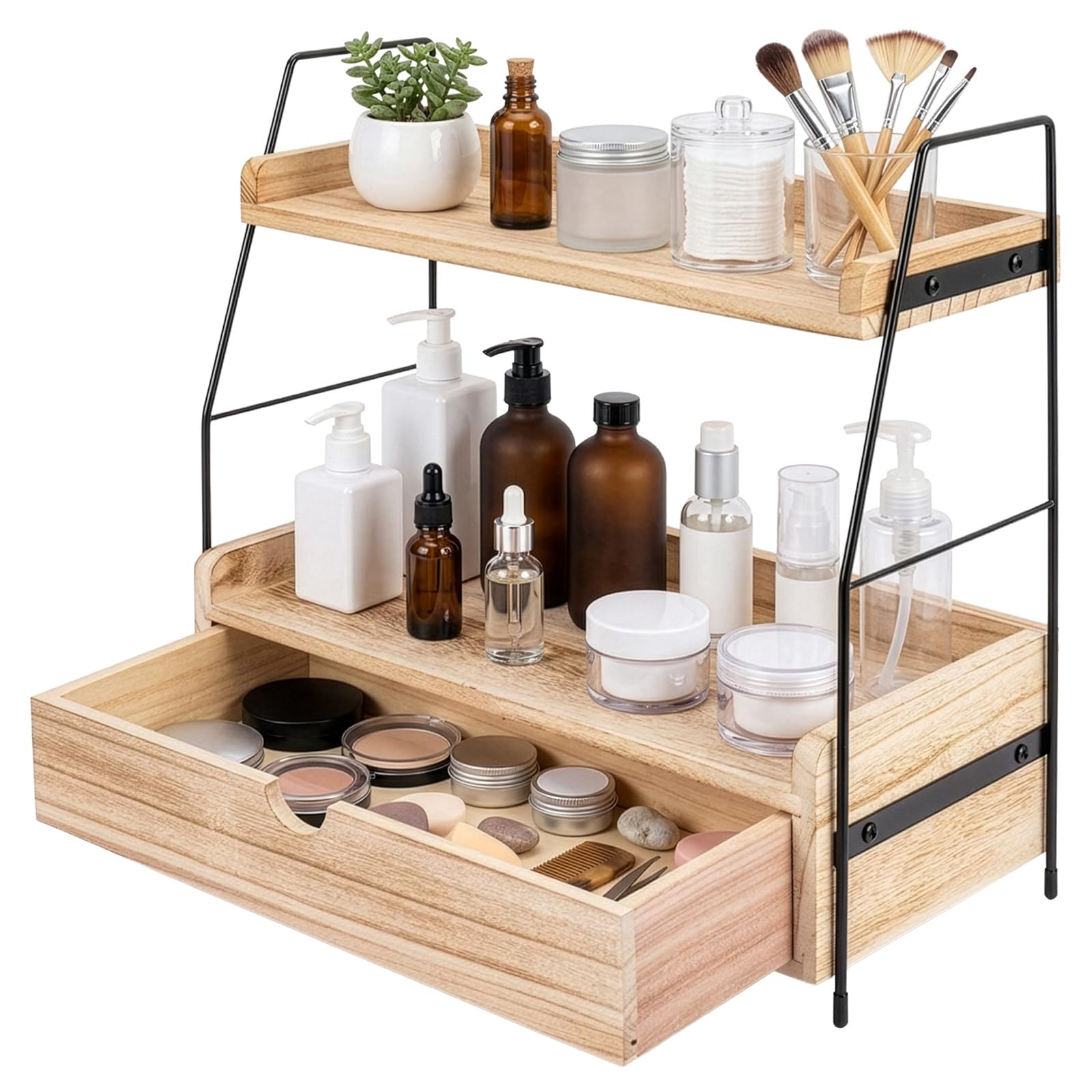 Evergoods Wood Coffee Station Organizer With Coffee Pod Holder Drawer 2 Tier Coffee Bar Shelf Tea Station Organizer Hot Chocolate & Mug Storage Stand For Kitchen Office Countertop (Wood)