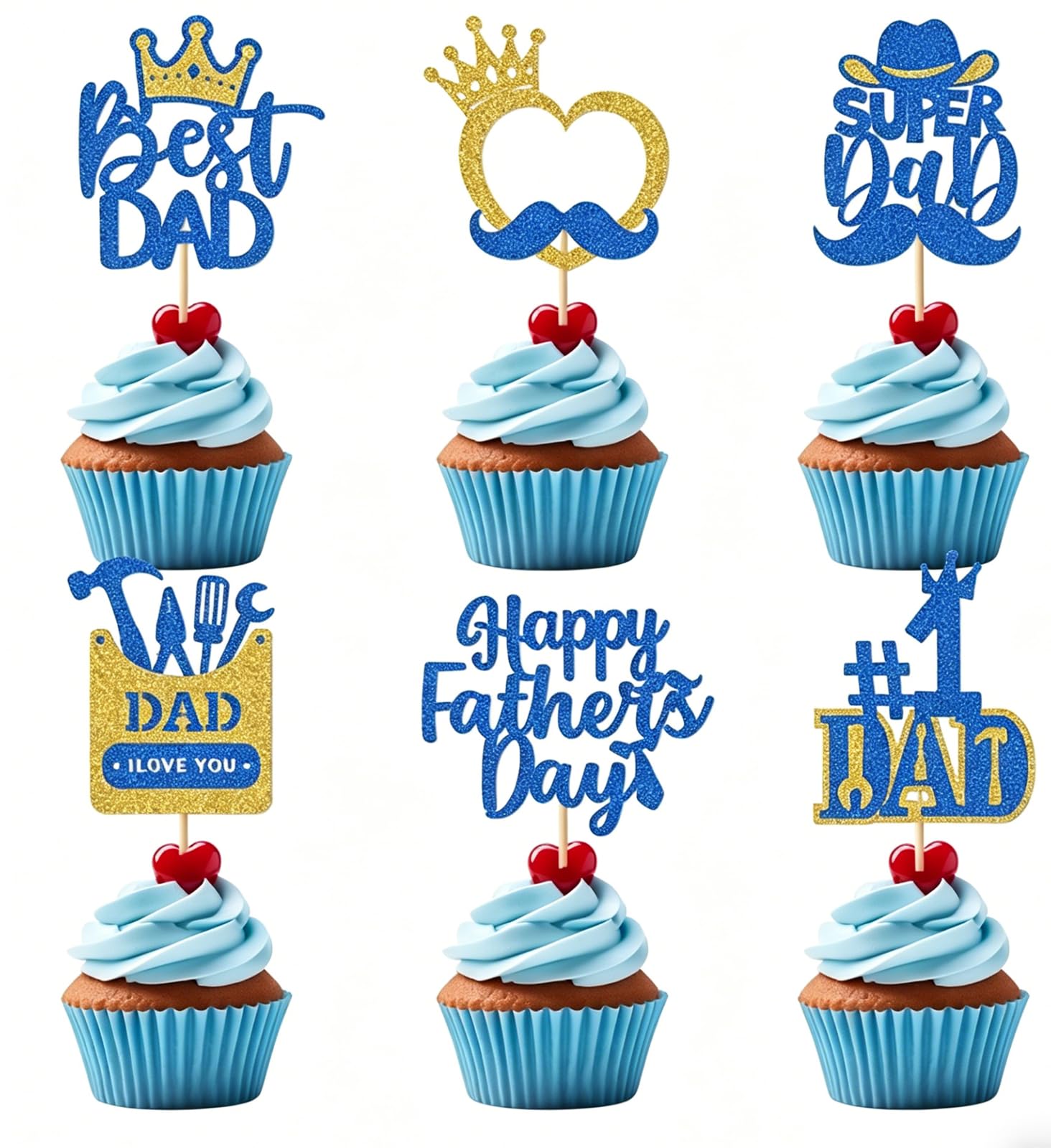 24pcs Fathers Day Decorations Happy Father's Day Cake Toppers Set Dad Blue Gold Glitter Cupcake Picks Cake Dessert Insert for Father's Day Theme Cupcake Decoration Dad Party Supplies