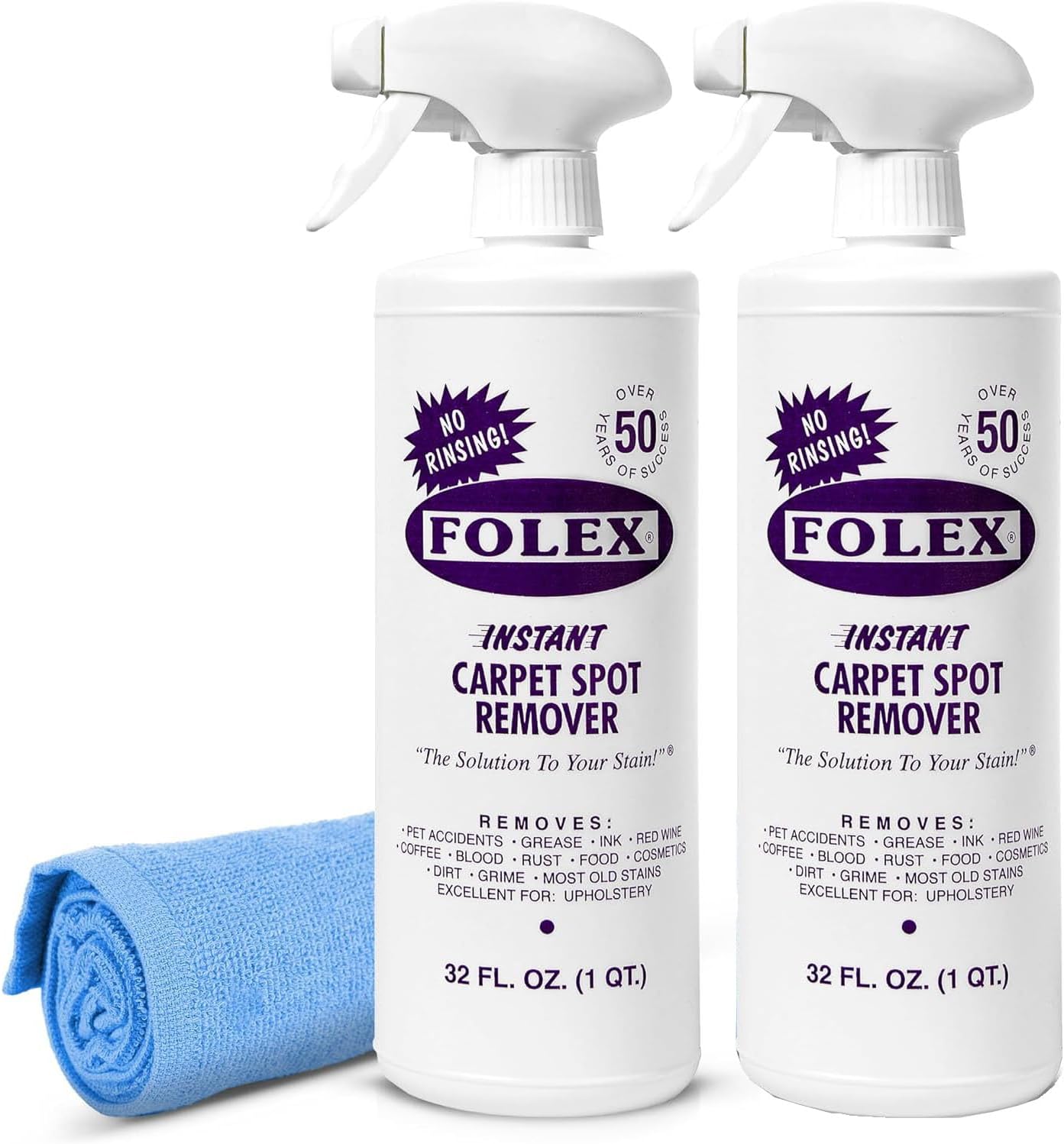 Instant Carpet Spot Remover 32 oz – Powerful Stain Remover for Carpets, Upholstery & Rugs – Eliminates Pet Stains, Grease, Red Wine, Food, Makeup & More – With Reusable Cleaning Cloth – 2 Pack