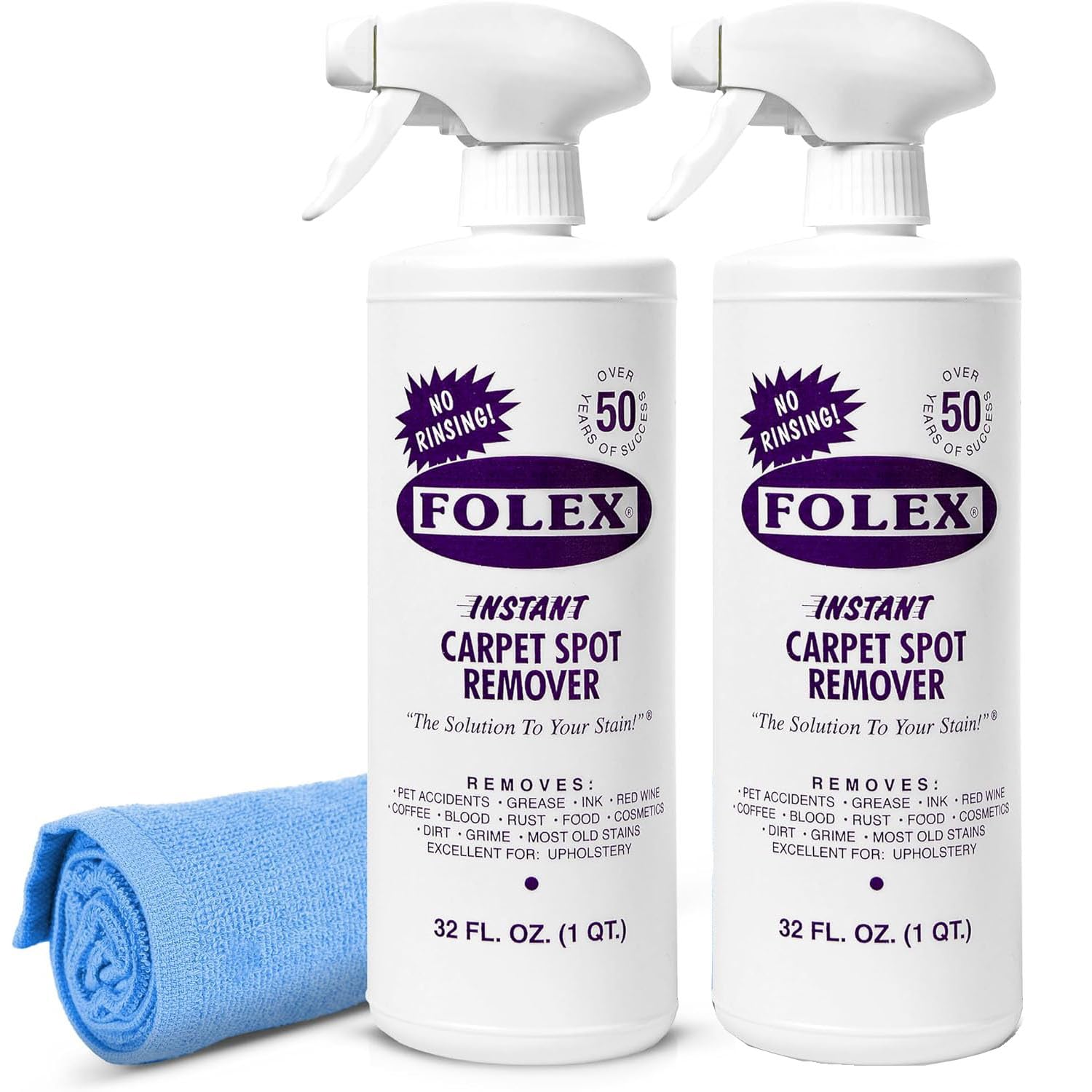 FOLEX Instant Carpet Spot Remover 32 oz – Powerful Stain Remover for Carpets, Upholstery & Rugs – Eliminates Pet Stains, Grease, Red Wine, Food, Makeup & More – With Reusable Cleaning Cloth – 2 Pack