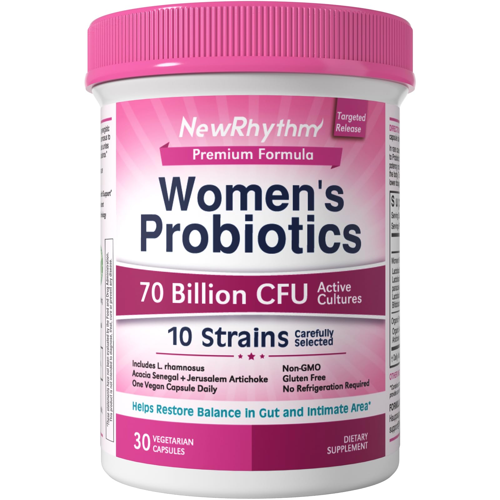 NewRhythm Women's Probiotics, Organic Prebiotics, 70 Billion CFU 10 Strains, Vaginal Probiotics for Urinary & Digestive Health, 30 Vegan Capsules, No Bloating