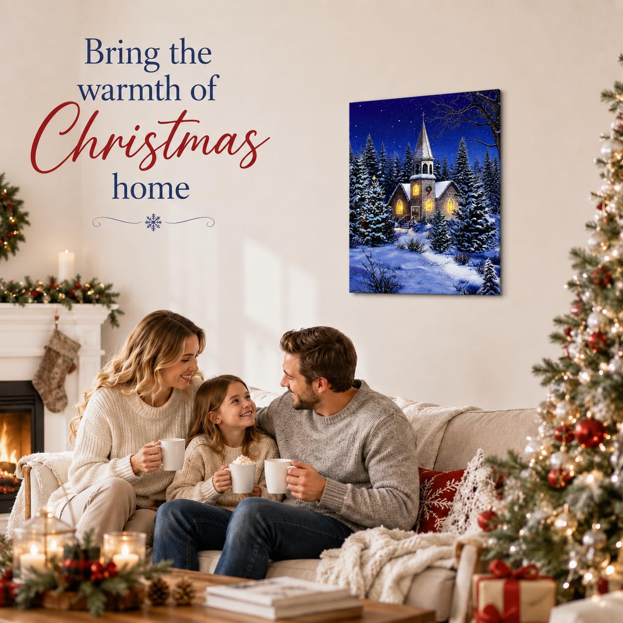 Amazon.co.jp: クリスマス壁アート – Church at Night Picture with